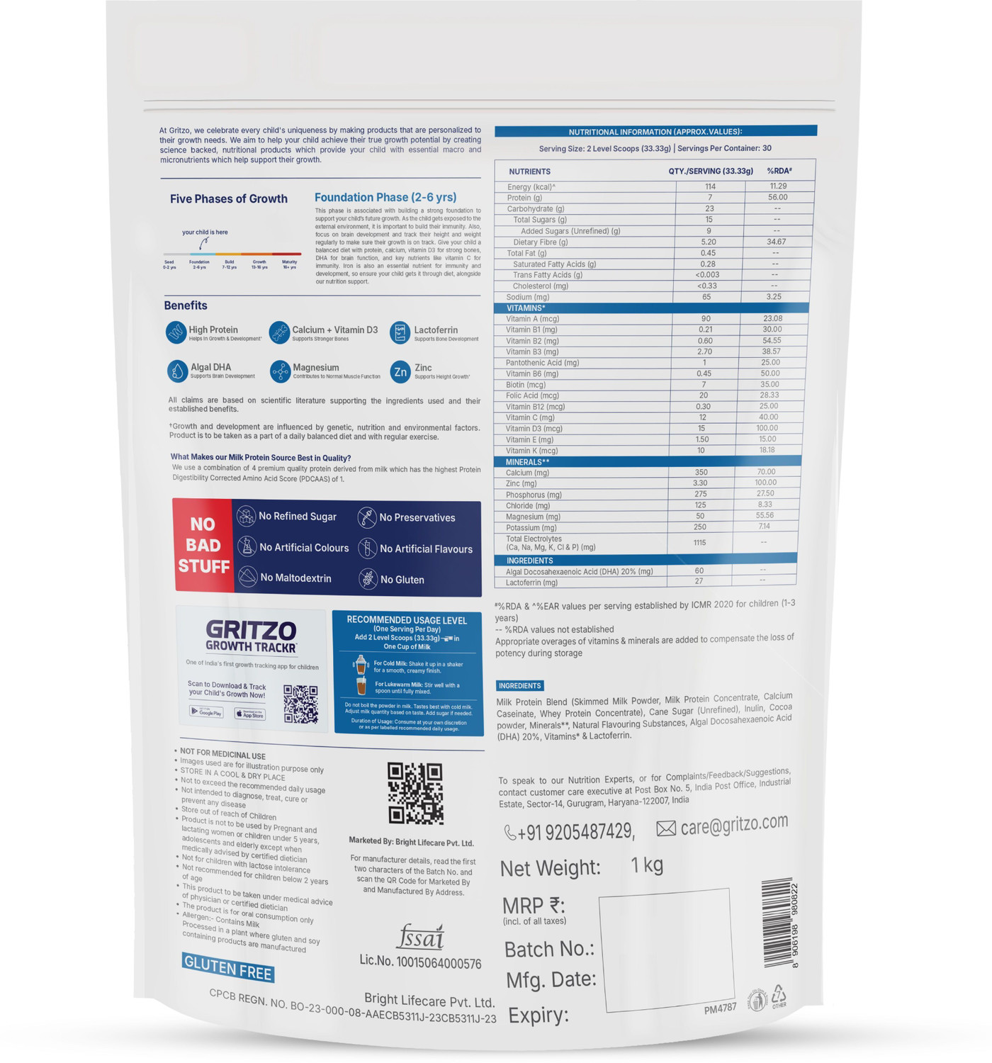 Image of Gritzo SuperMilk Growth+ (2-6y Boy & Girl), 7g Protein Powder, Double Chocolate