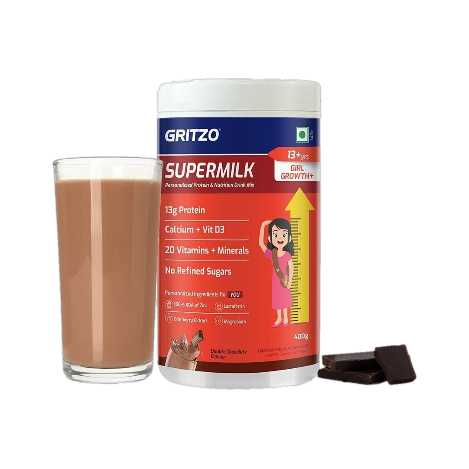 Gritzo SuperMilk Growth+ (13+y Girls), 13g Protein Powder, Double Chocolate