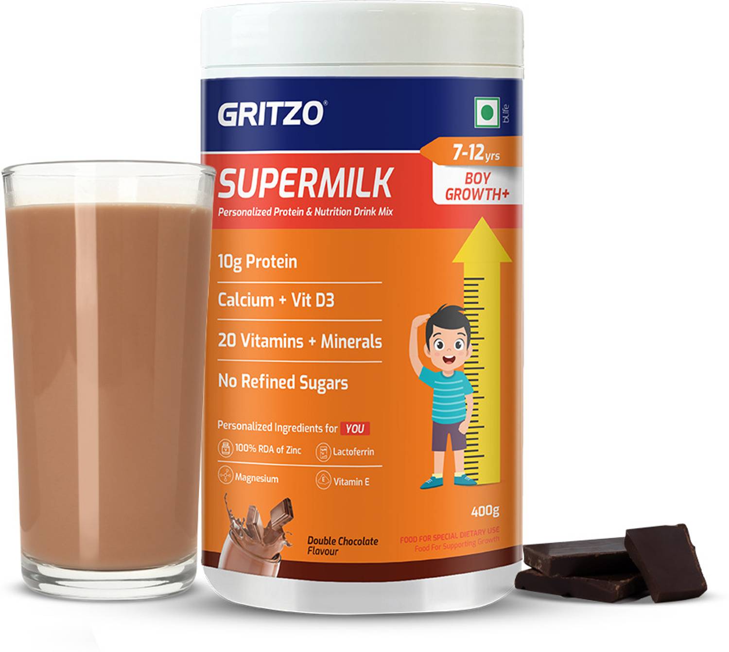 Gritzo Supermilk Height+ for Boys 8-12, 12g Protein - Image 1