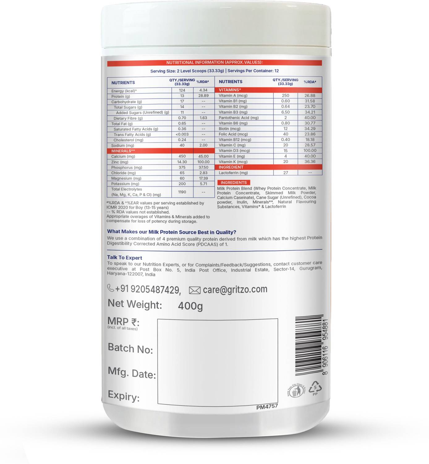Gritzo SuperMilk Growth+ 13g Protein Powder, Double Chocolate - Image 3
