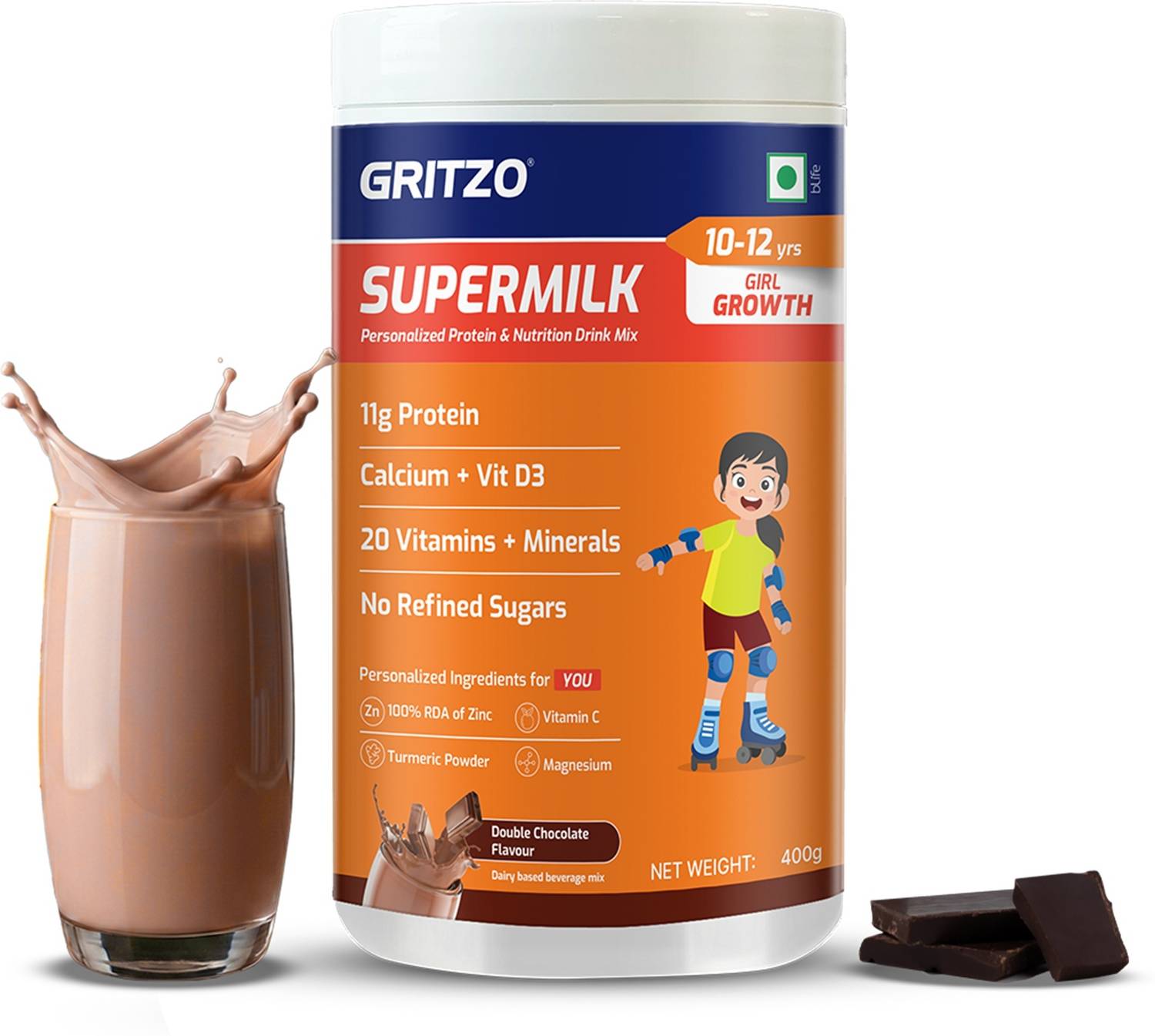 Gritzo SuperMilk Growth (10-12y Girls), 11g Protein Powder, Double Chocolate