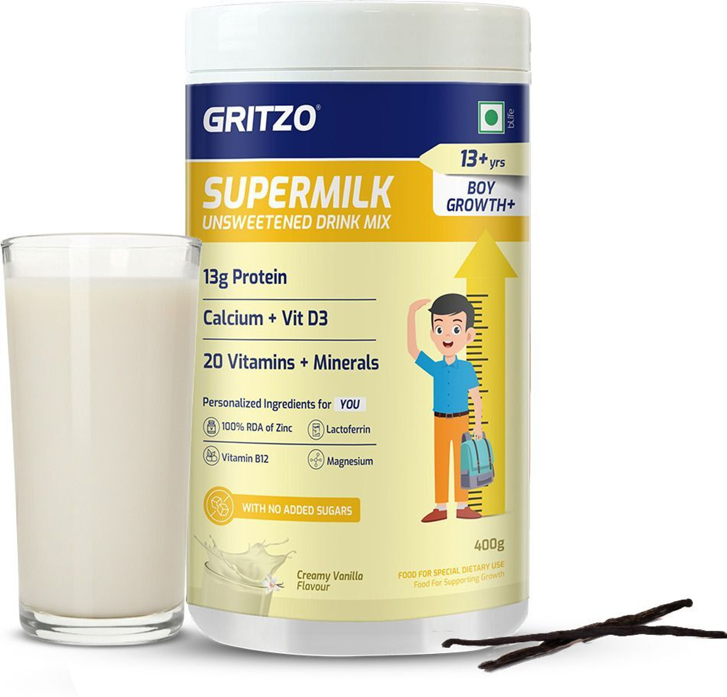 Image of Gritzo SuperMilk Growth+ Unsweetened Drink Mix (13+y Boys), 13g Protein, Creamy Vanilla
