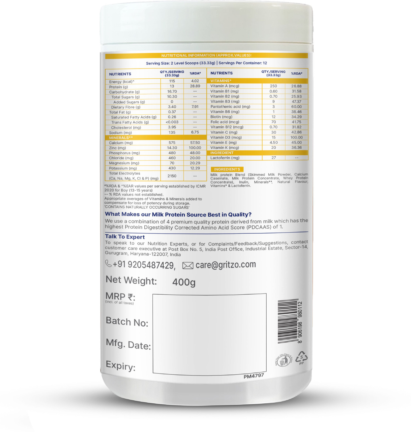 Image of Gritzo SuperMilk Growth+ Unsweetened Drink Mix (13+y Boys), 13g Protein, Creamy Vanilla