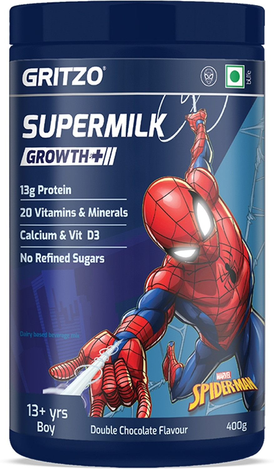 Image of Gritzo SuperMilk Growth+ Spiderman (13+y Boy), 13g Protein Powder, Double Chocolate