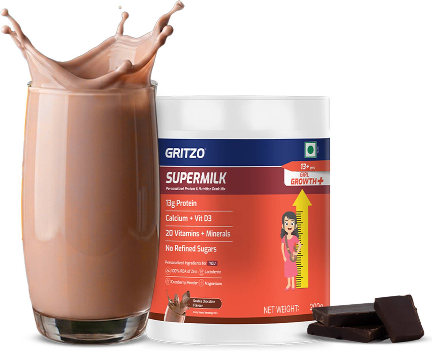 Gritzo SuperMilk Growth+ (13+y Girls), 13g Protein Powder, Double Chocolate