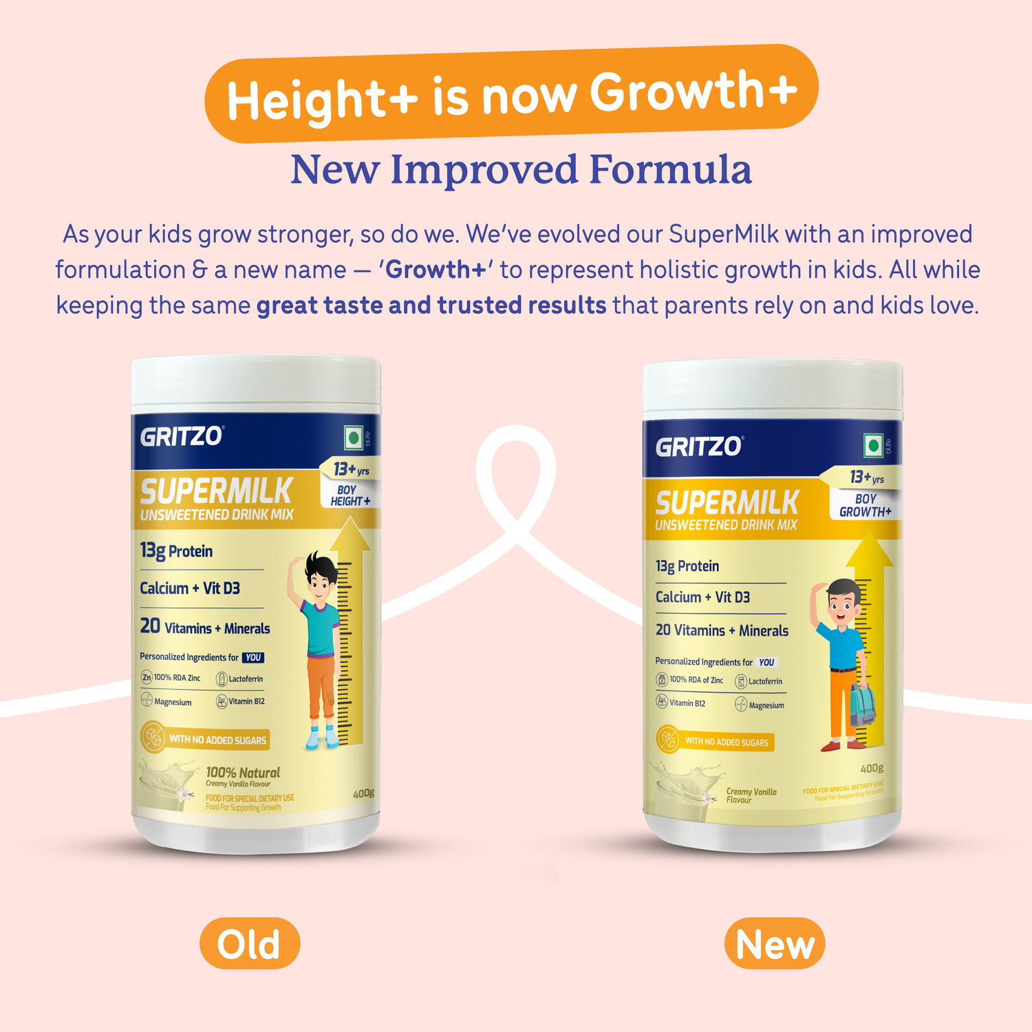 Image of Gritzo SuperMilk Growth+ Unsweetened Drink Mix (13+y Boys), 13g Protein, Creamy Vanilla