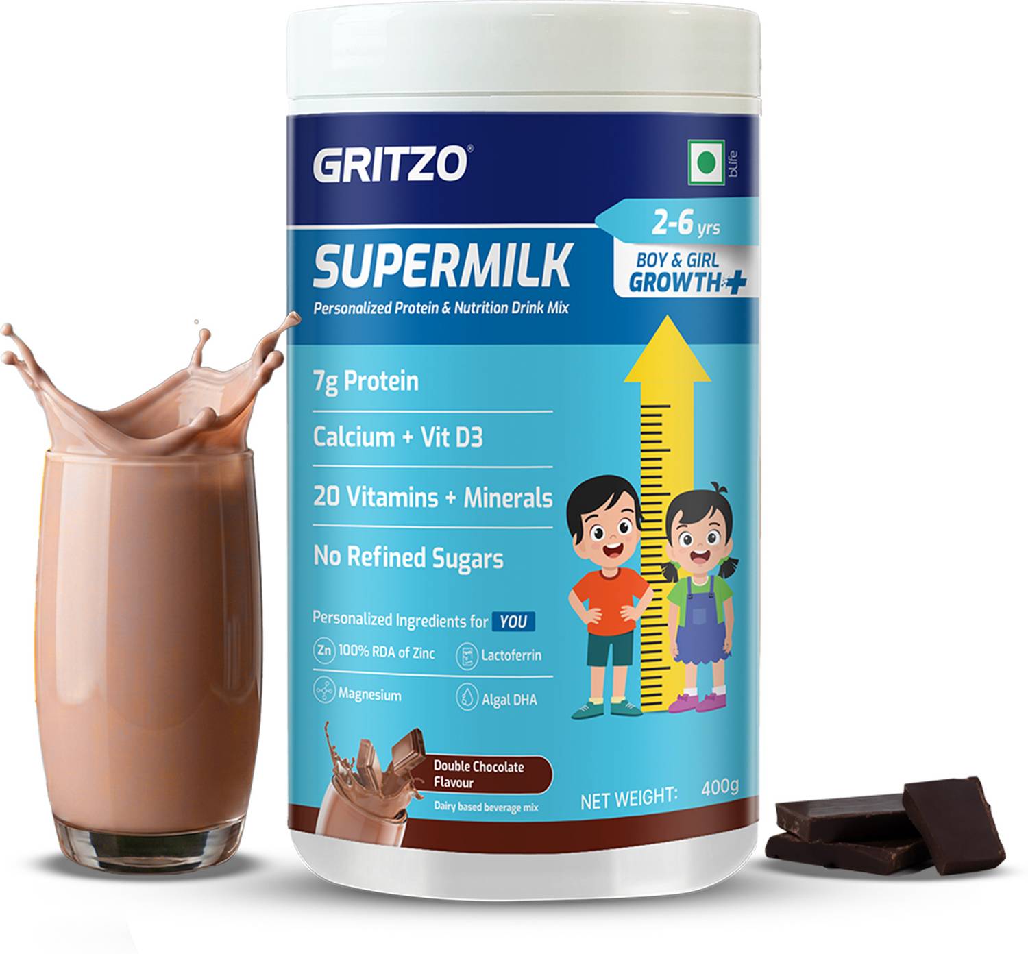 Gritzo SuperMilk Growth+ (2-6y Boy & Girl), 7g Protein Powder, Double Chocolate