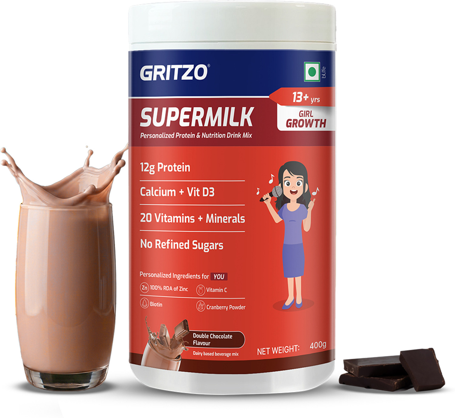 Image of Gritzo SuperMilk Growth (13+y Girls), 12g Protein Powder, Double Chocolate