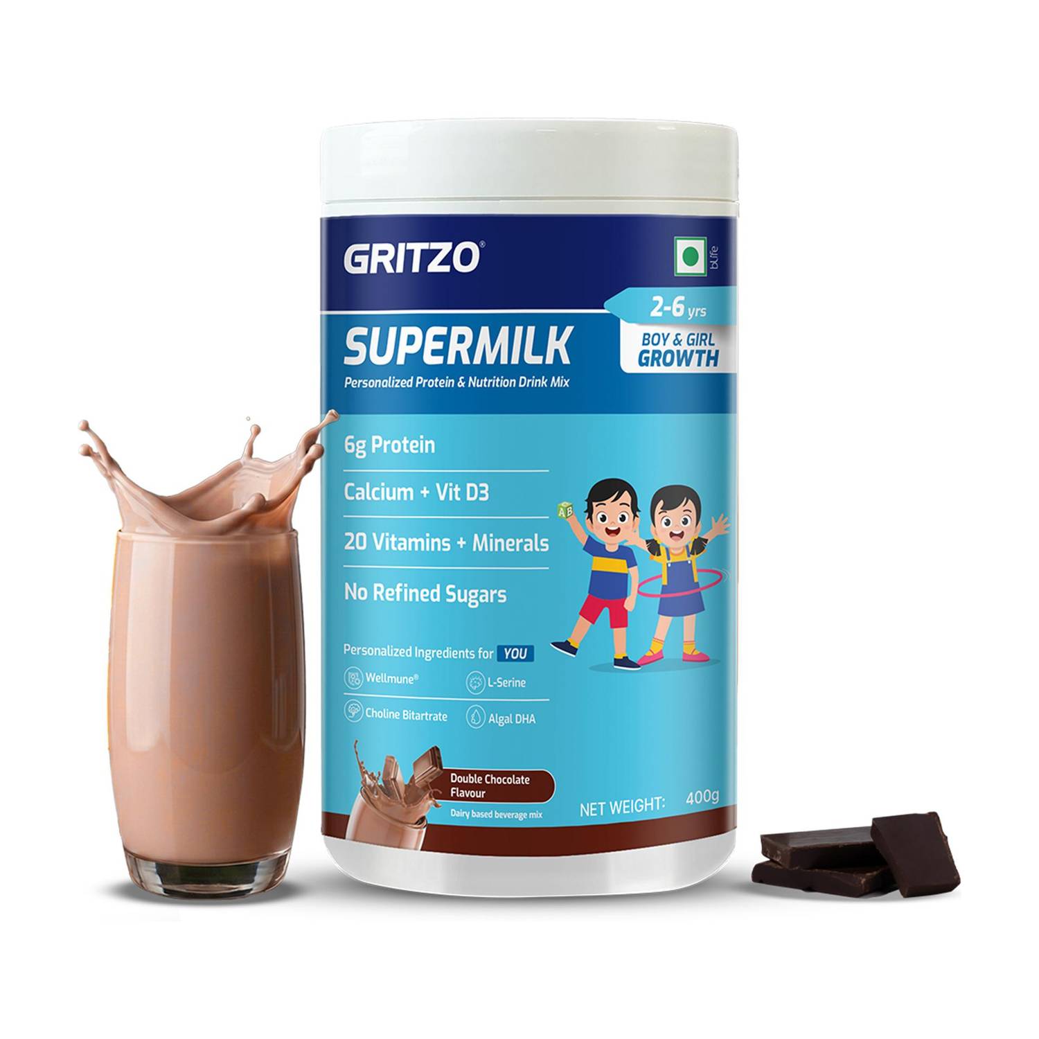 Gritzo SuperMilk Growth (2-6y Boy & Girl), 6g Protein Powder, Double Chocolate