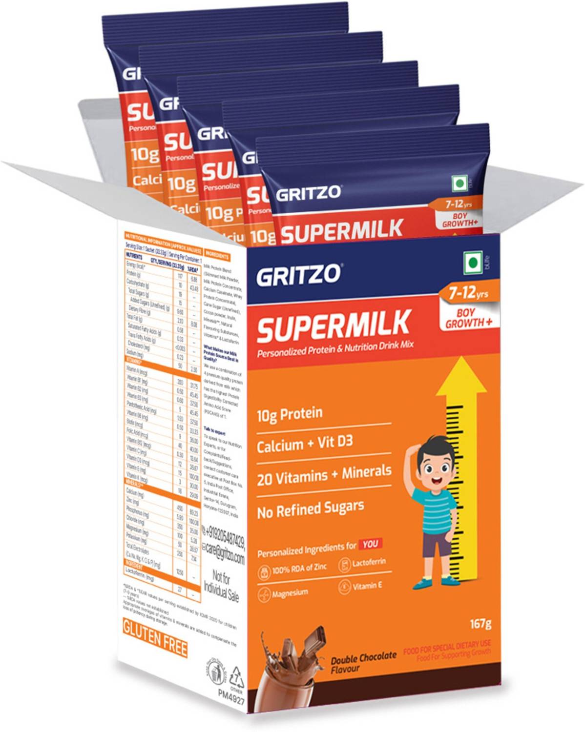 Gritzo SuperMilk Growth+ (7-12y Boys), 10g Protein Powder, Double Chocolate