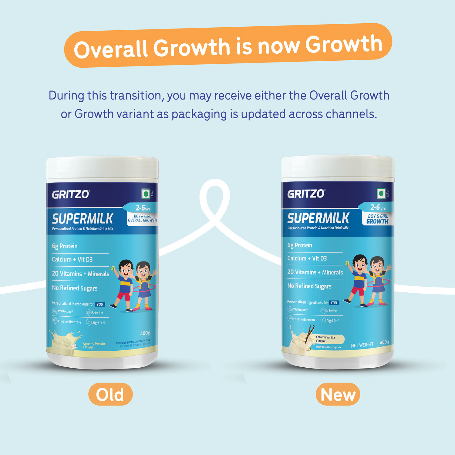 Image of Gritzo SuperMilk Growth (2-6y Boy & Girl), 6g Protein Powder, Creamy Vanilla