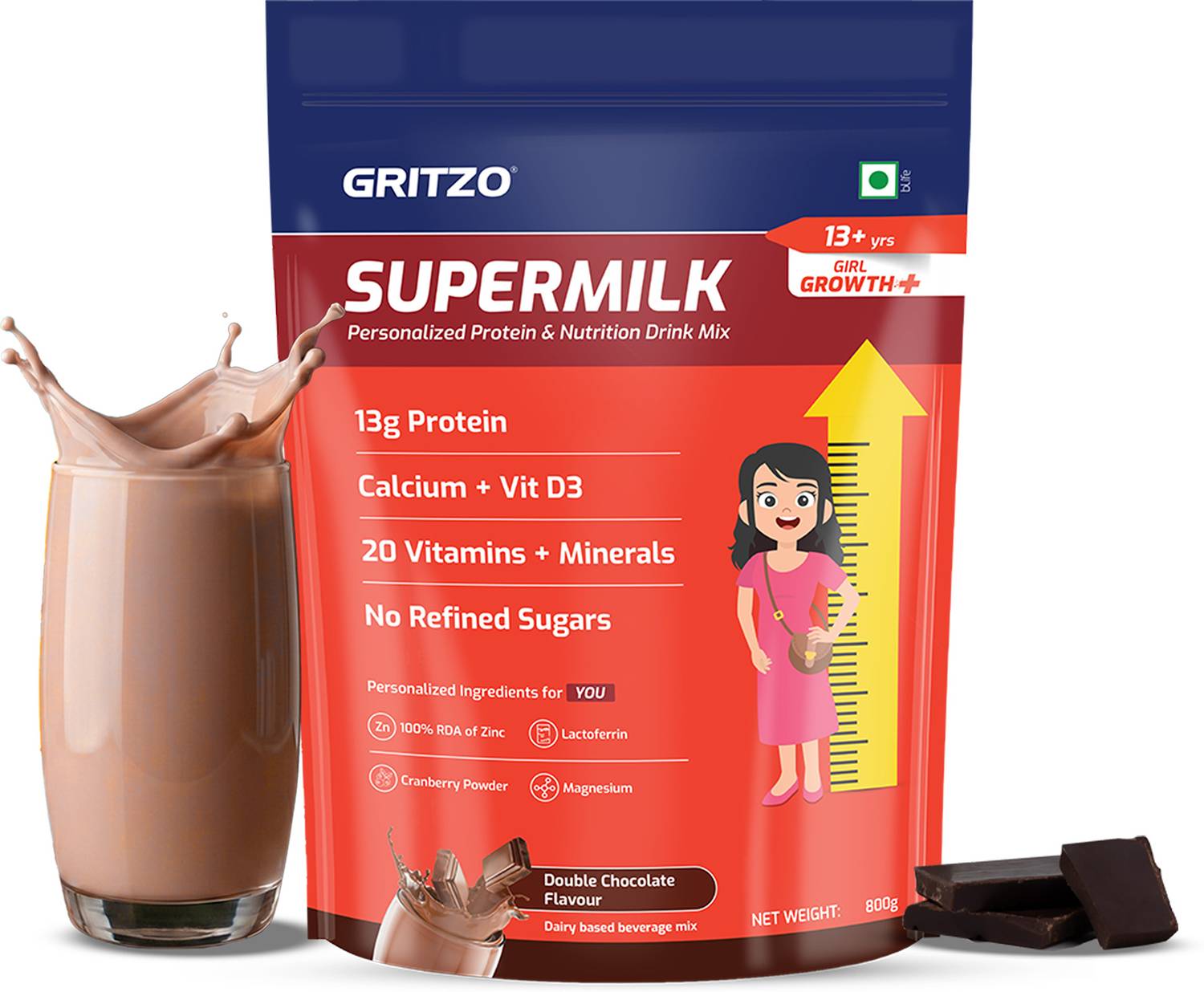 Gritzo SuperMilk Growth+ (13+y Girls), 13g Protein Powder, Double Chocolate