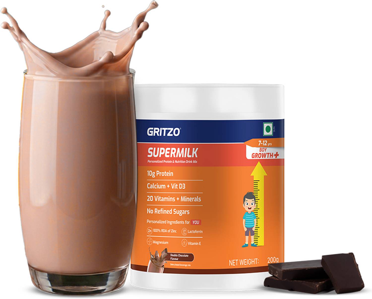 Gritzo SuperMilk Growth+ (7-12y Boys), 10g Protein Powder, Double Chocolate
