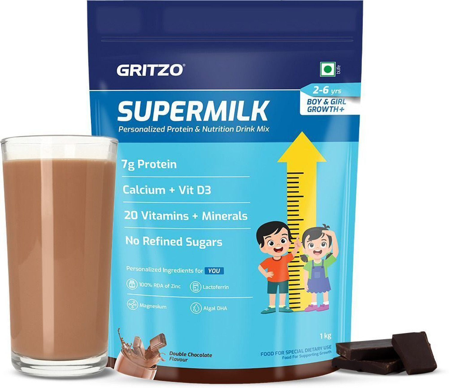 Image of Gritzo SuperMilk Growth+ (2-6y Boy & Girl), 7g Protein Powder, Double Chocolate