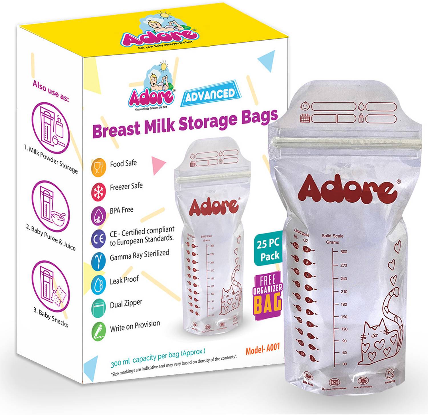 Adore by Adore Advanced Milk Storage Bags 300ml Capacity-Food Safe-Multipurpose Use-Dual Zipper