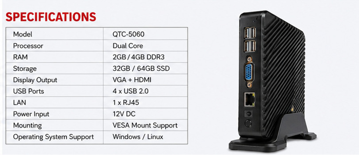 Image of Quantron QTC-5060 Thin Client - Windows 10, Intel Integrated Chipset, Dual Core Processor, 4 GB Graphics Card, 4 GB DDR3, 64 GB SSD Mini PC