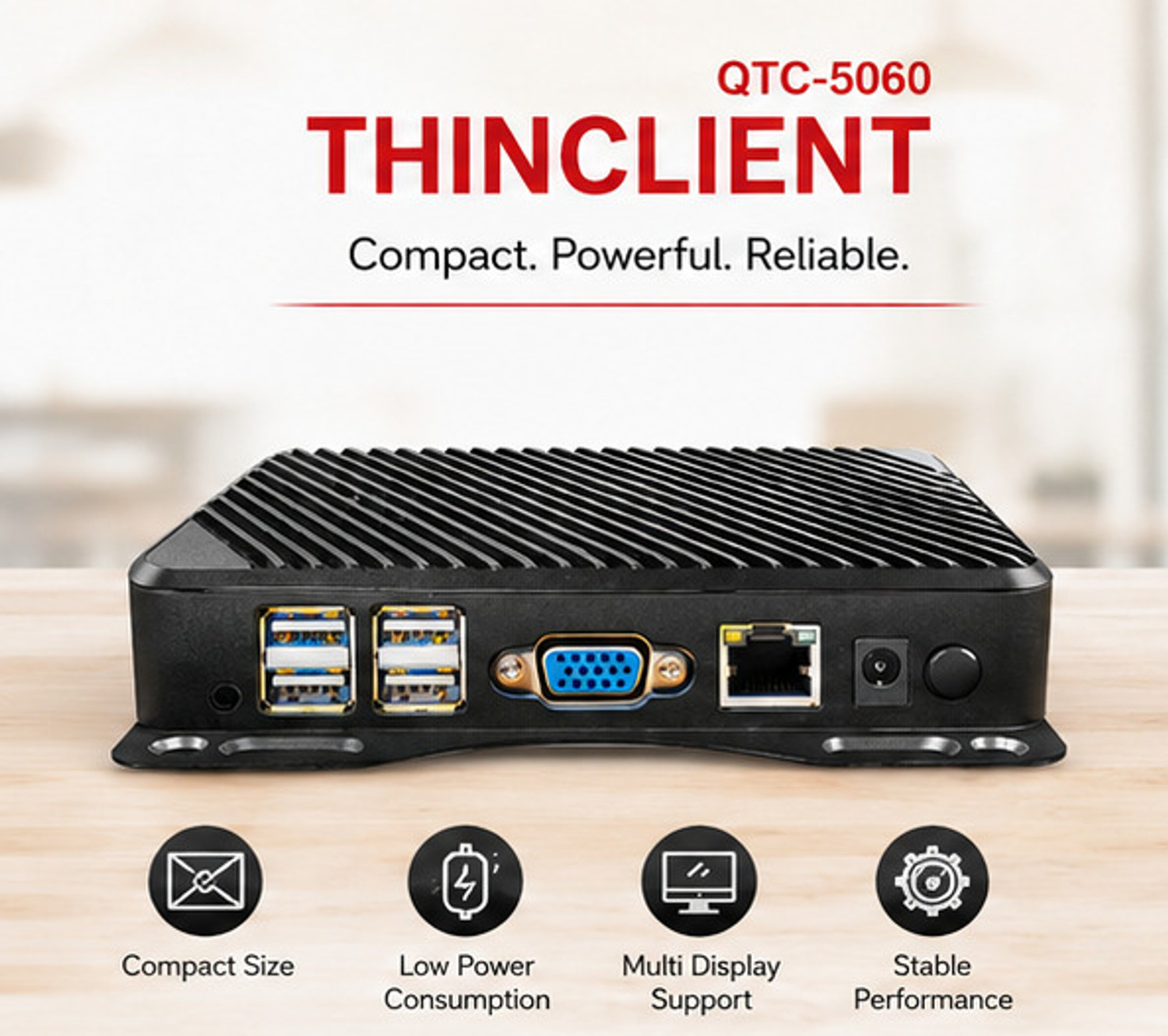 Image of Quantron QTC-5060 Thin Client - Windows 10, Intel Integrated Chipset, Dual Core Processor, 4 GB Graphics Card, 4 GB DDR3, 64 GB SSD Mini PC