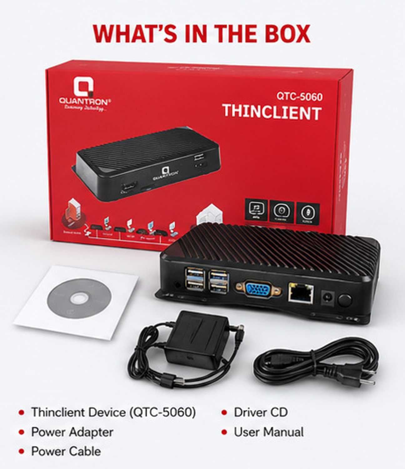 Image of Quantron QTC-5060 Thin Client - Windows 10, Intel Integrated Chipset, Dual Core Processor, 4 GB Graphics Card, 4 GB DDR3, 64 GB SSD Mini PC