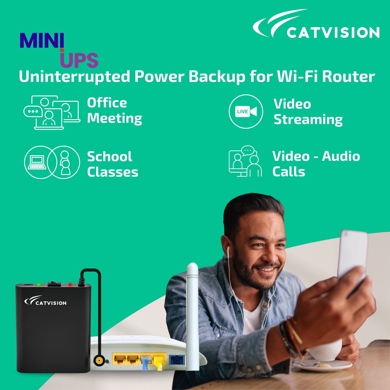 Image of Catvision Mini UPS for Wi-Fi Routers I 2x2000 mAh Battery | Upto 3 Hours | BIS Approved Power Backup for Router