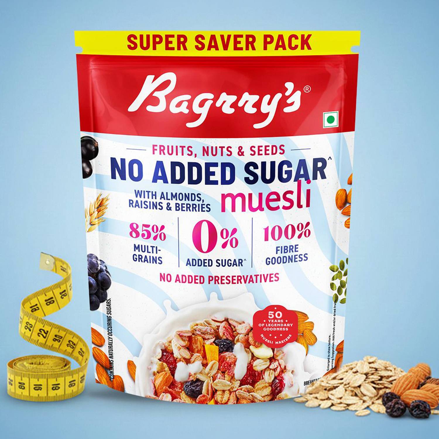 Bagrry's by Bagrry's India Private Limited Bagrry's No Added Sugar Muesli with Fruits, Nuts & Seeds Pouch (700 g) Muesli