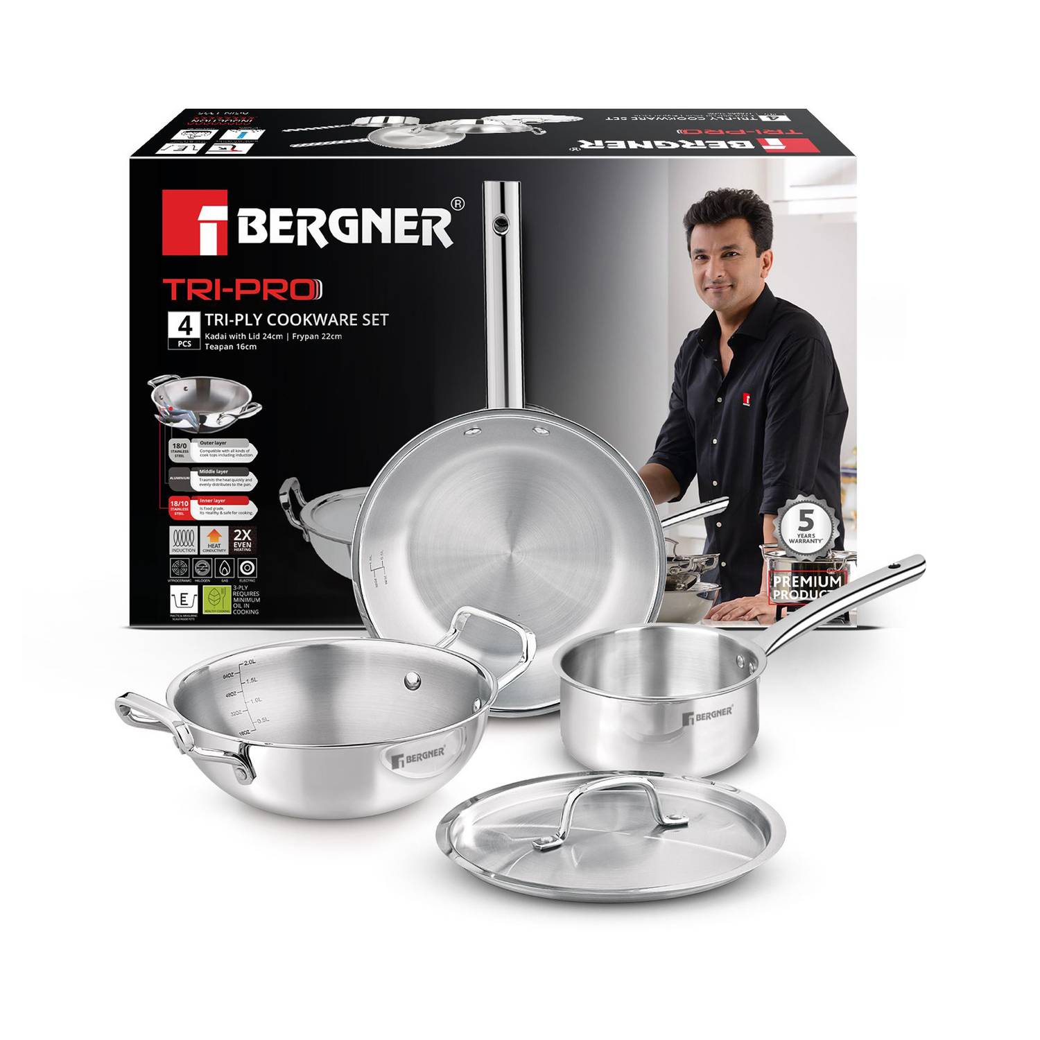 BERGNER Tripro TriPly Stainless Steel 4 Pcs Cookware Set Induction Bottom Cookware Set