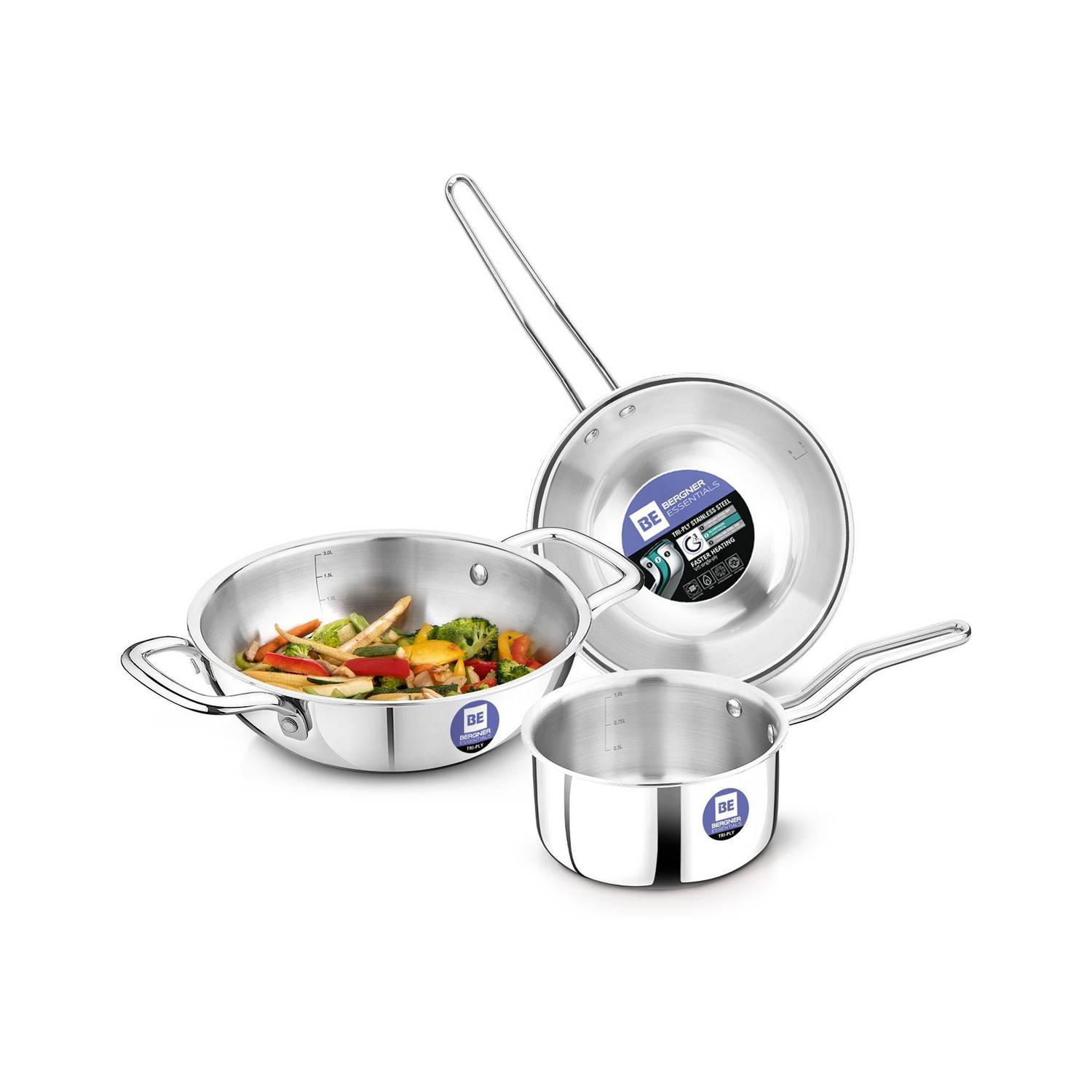BERGNER BE Essentials Tripro Triply 3 Pcs of Kadai 24cm/3 L, Teapan 14cm, Frypan 22cm Induction Bottom Cookware Set