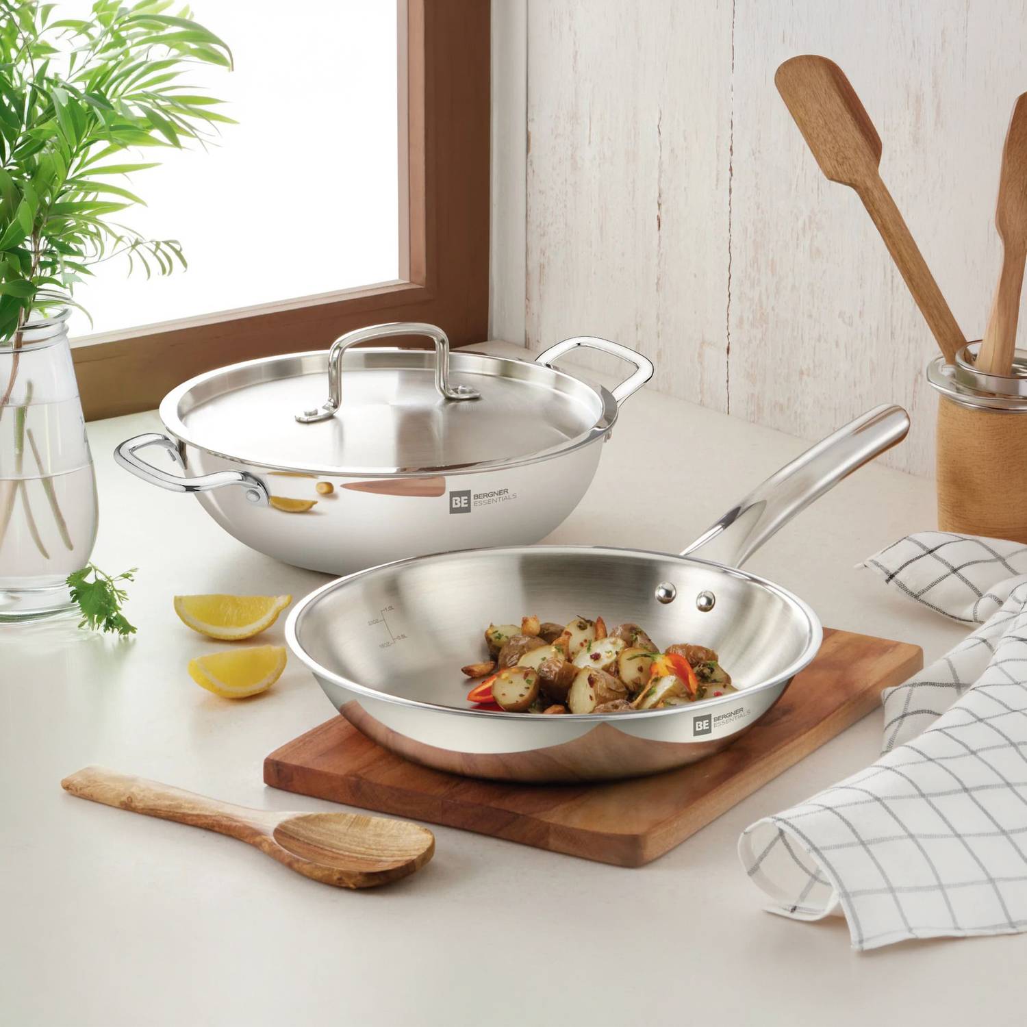 BERGNER BE Bergner Essentials Triply 22cm (2.5 L) Kadai & 22cm (1 L) Frypan - Induction Bottom Cookware Set