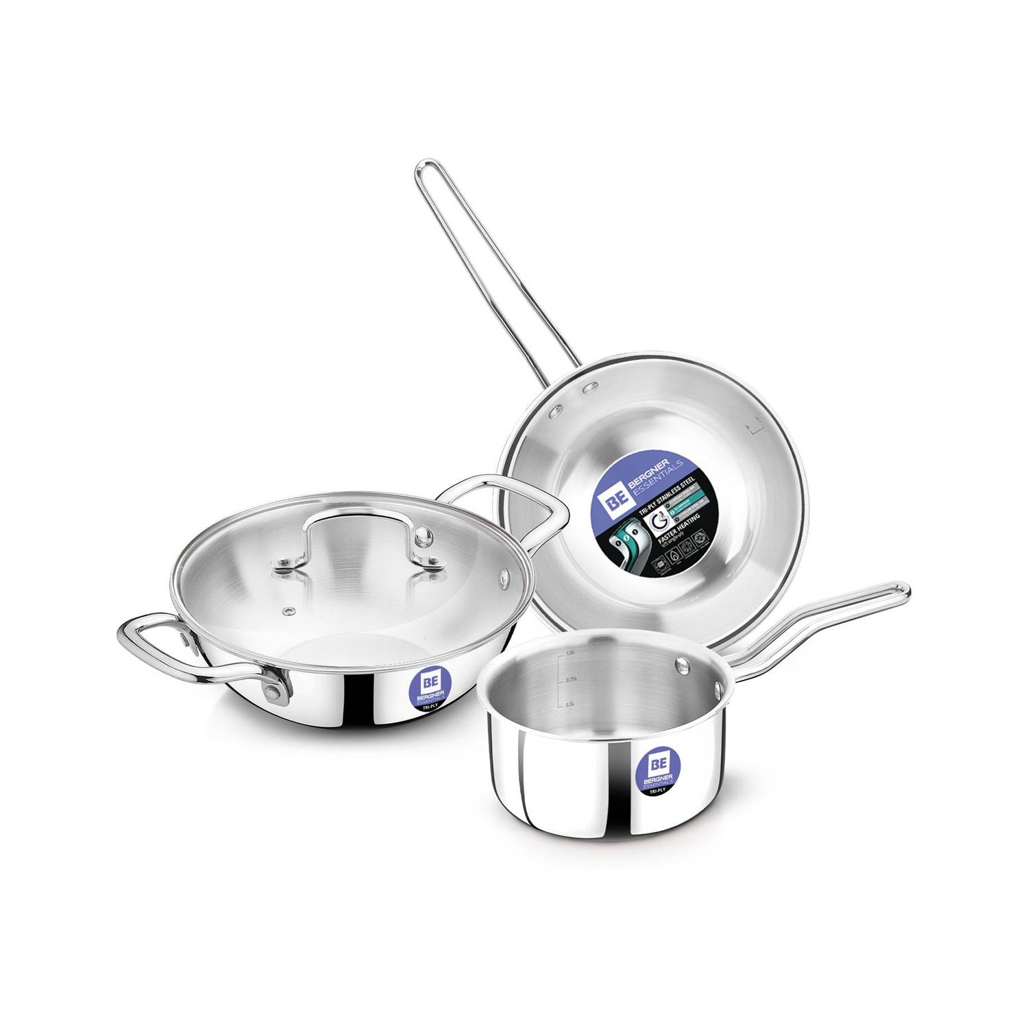 BERGNER BE Essentials Triply 4 Pcs Set of 22cm Kadai, 22cm Frypan, 14cm Saucepan - Induction Bottom Cookware Set