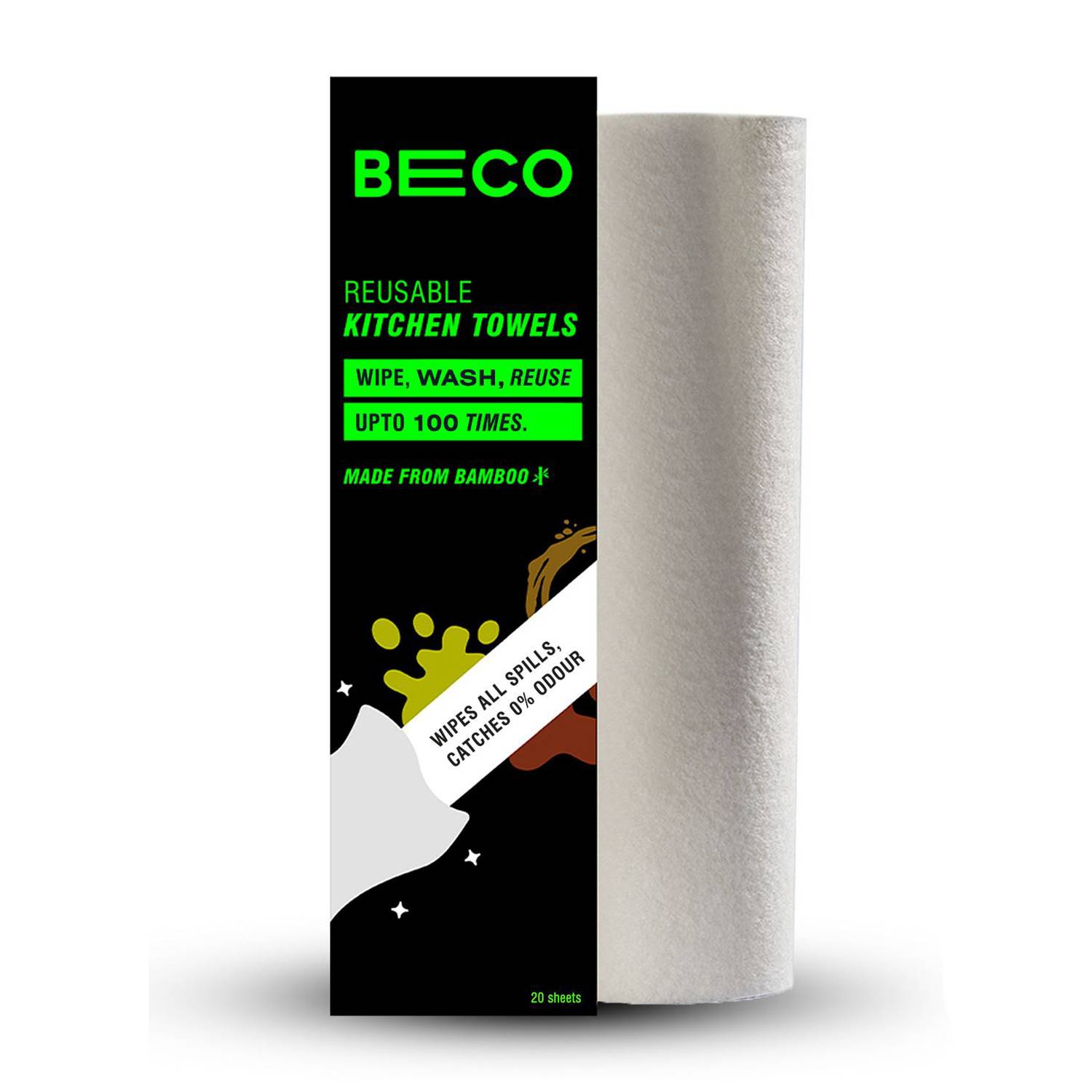 Beco Reusable Kitchen Towel (20 sheets x 100 times each-2000 wipes), Made from Bamboo