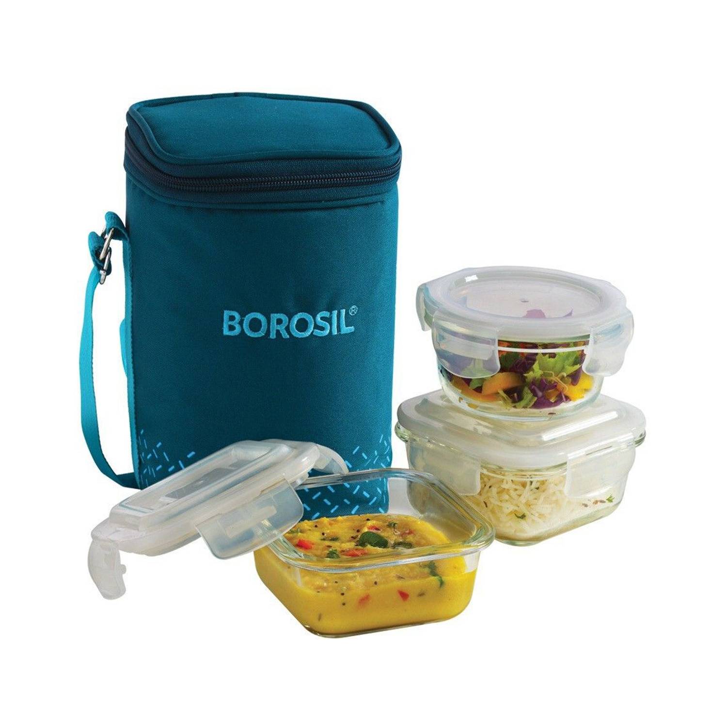 BOROSIL Teal Bag, 3 Pc (320 ml x 2 + 240ml x 1 ), Office Tiifin 3 Containers Glass Office Lunch Box