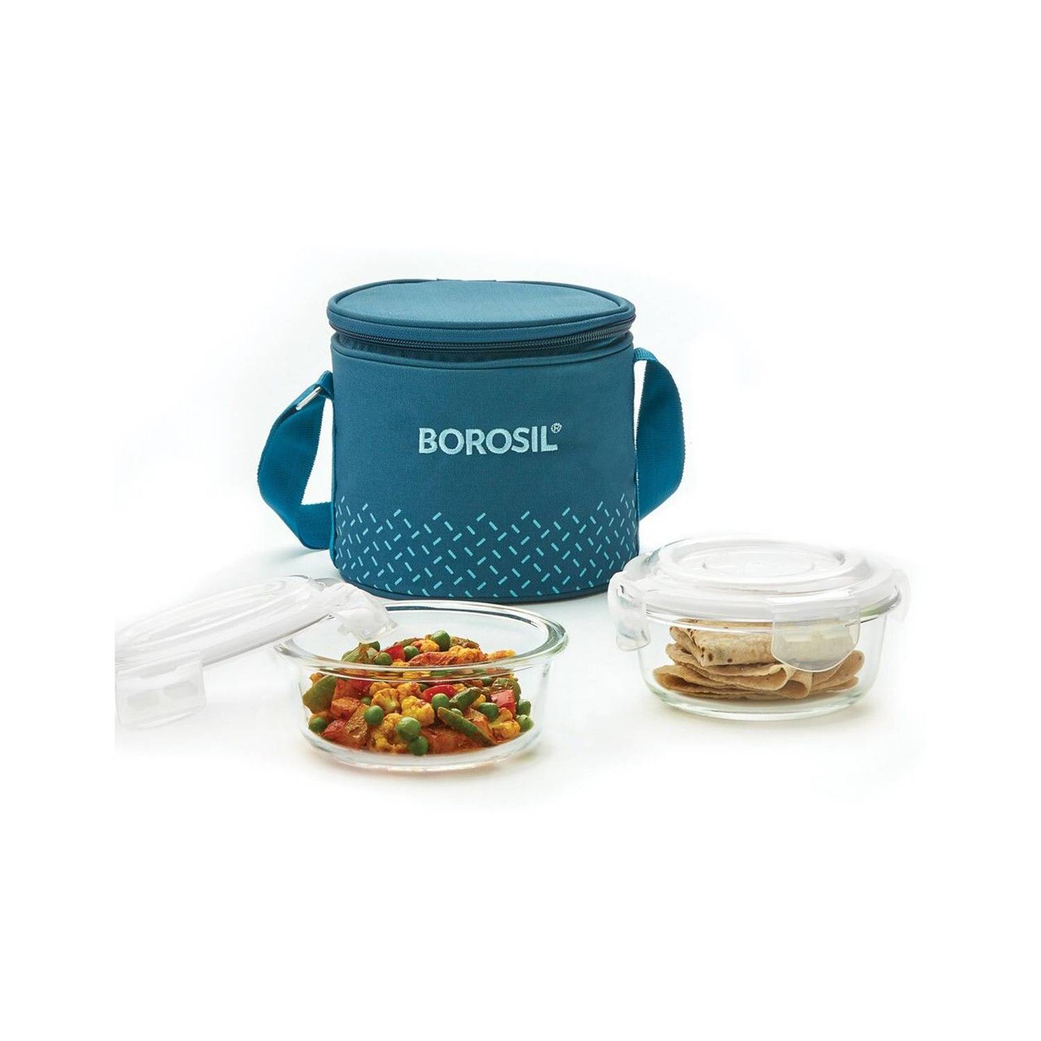 BOROSIL Teal Lunch Box with Bag, 2 Pc (400 ml x 2 Round),Vertical Office Tiifin 2 Containers Glass Office Lunch Box