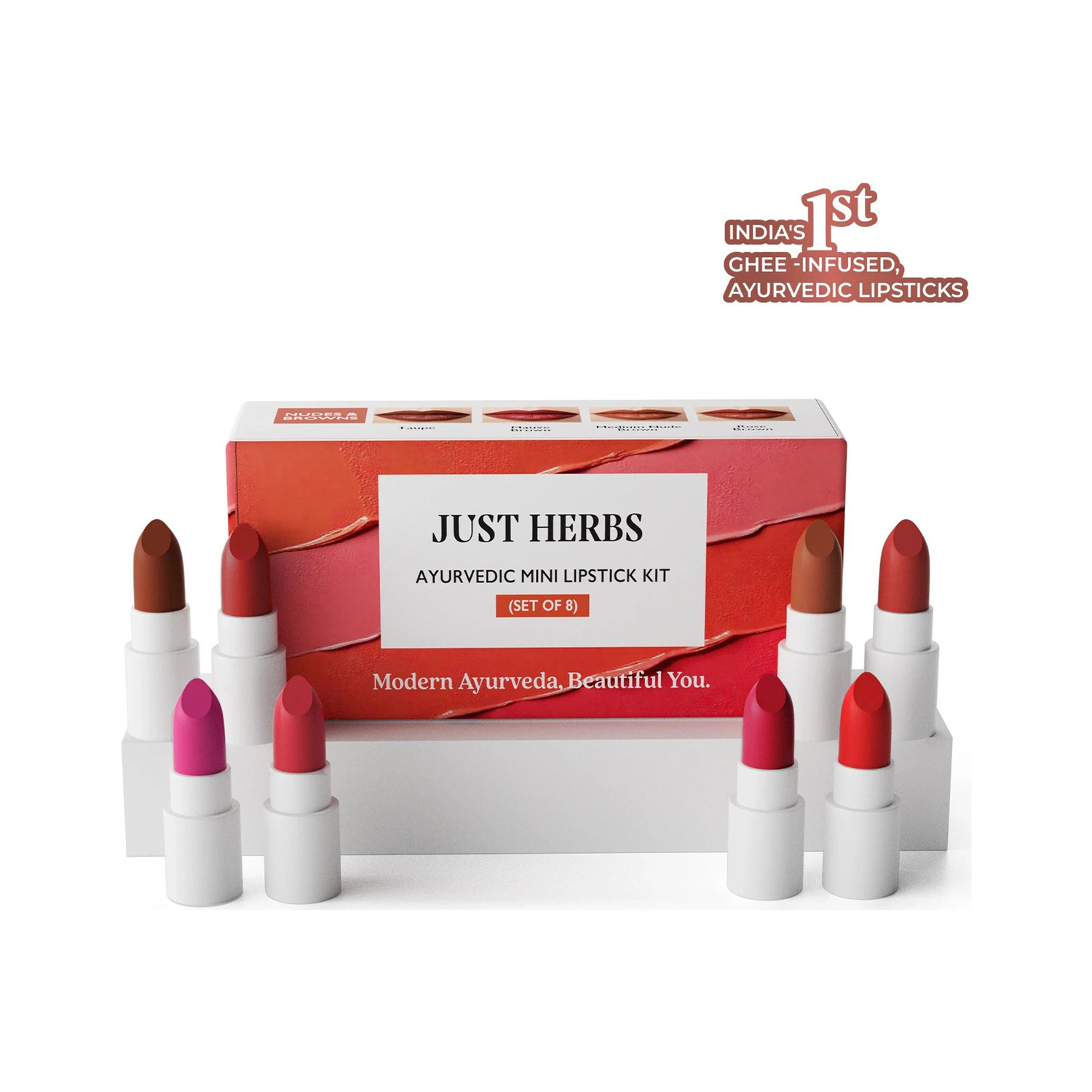 Image of Just Herbs Ayurvedic Lipstick Micro-mini Kit|Kit of 8 Matte Lipsticks Travel-friendly -9.6g