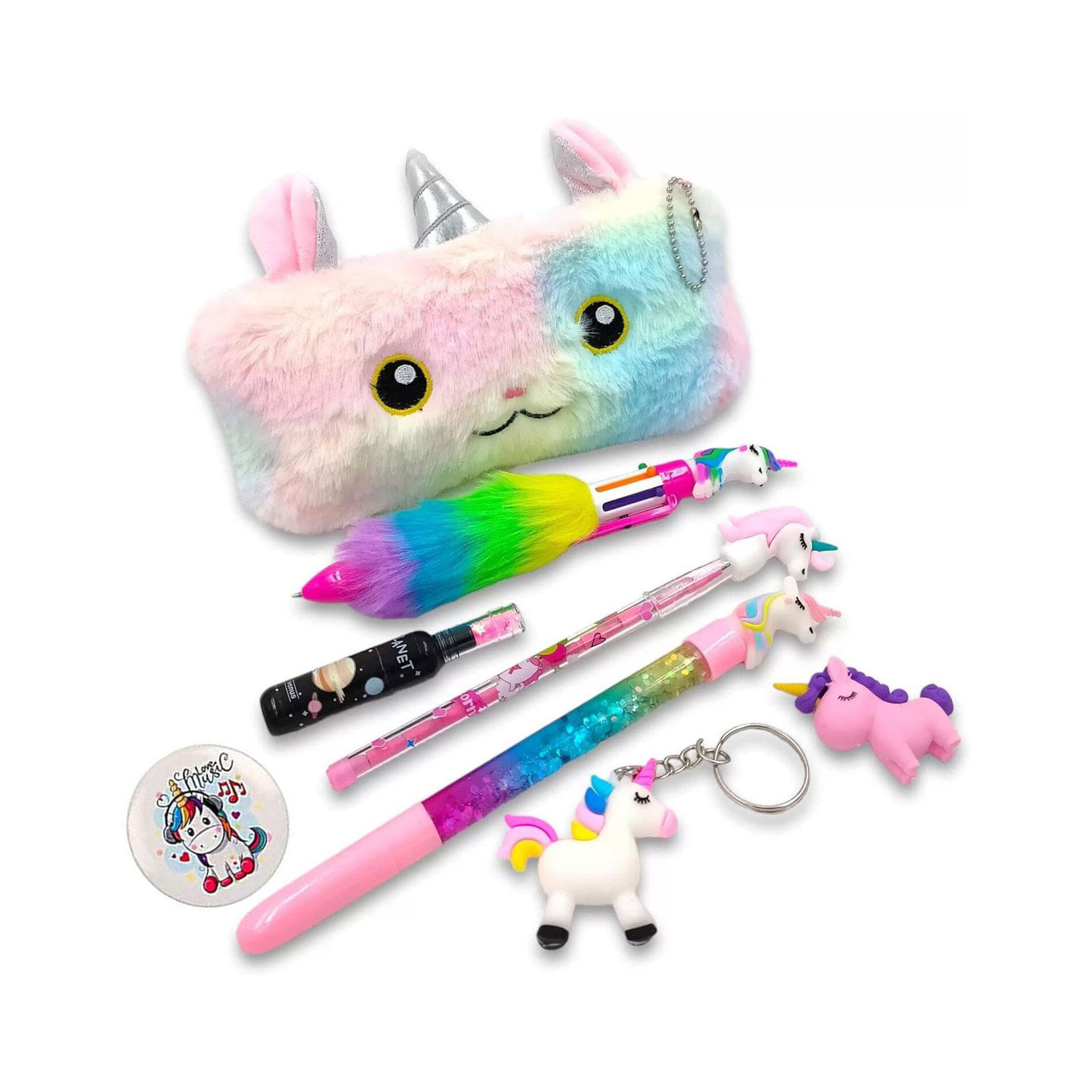Neel Unicorn Fur Pouch With Art Tools 7in1 Combo for Boys and Girls Return Gift set for kids Unicorn Stationery Combo Set For Girls Unicorn Pencil Box For Girls Art Plastic Pencil Box