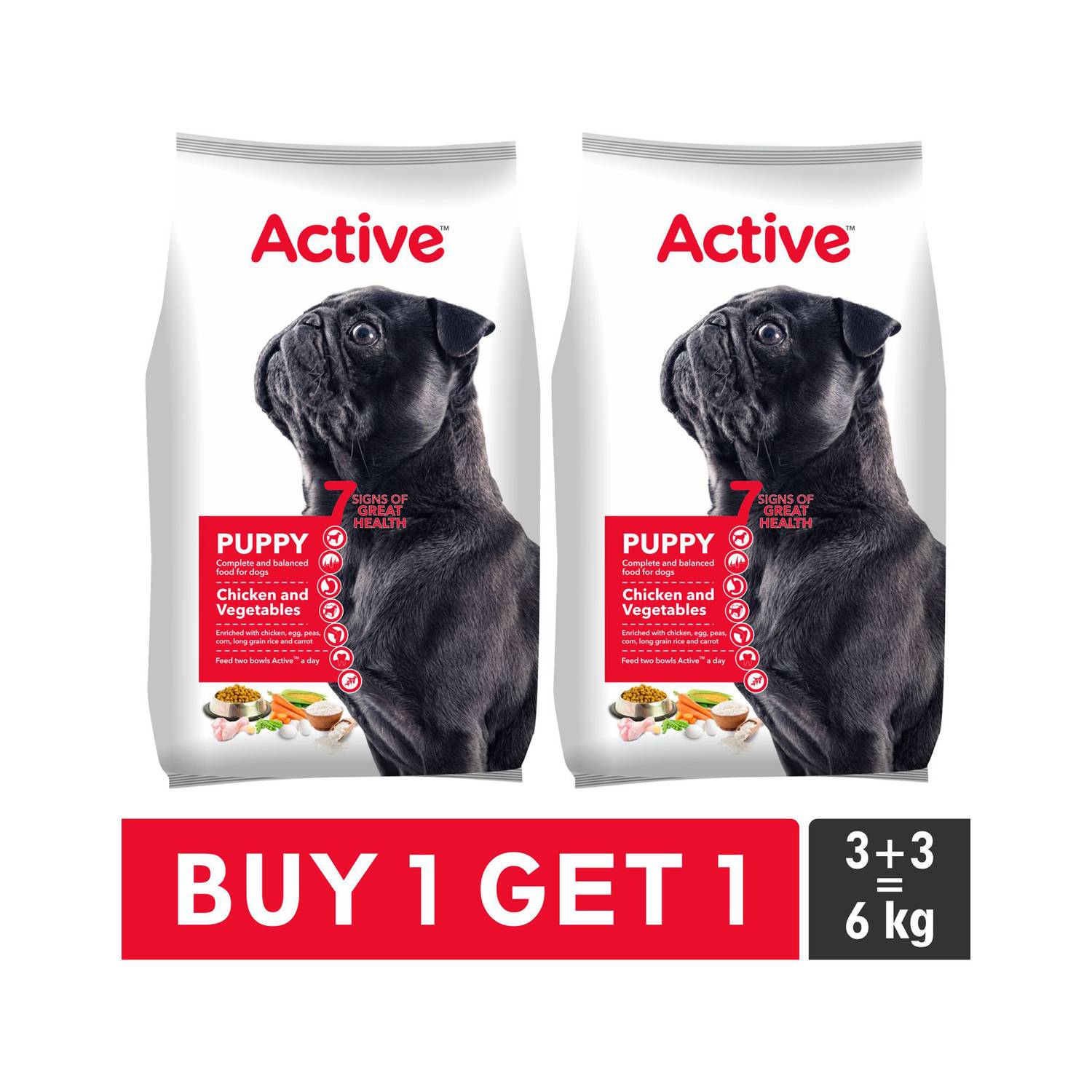 Active Buy 1 Get 1 (2x3 kg) Chicken & Vegetable 6 kg (2x3 kg) Dry Young Dog Food