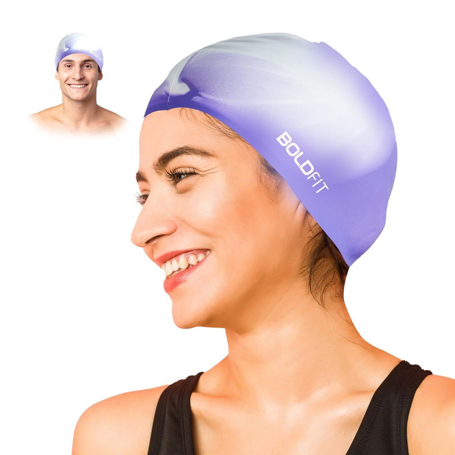 Image of BOLDFIT Swimming Cap Men Swim Cap for Women Swimming Pool Cap Full Head Cover Silicon Swimming Cap
