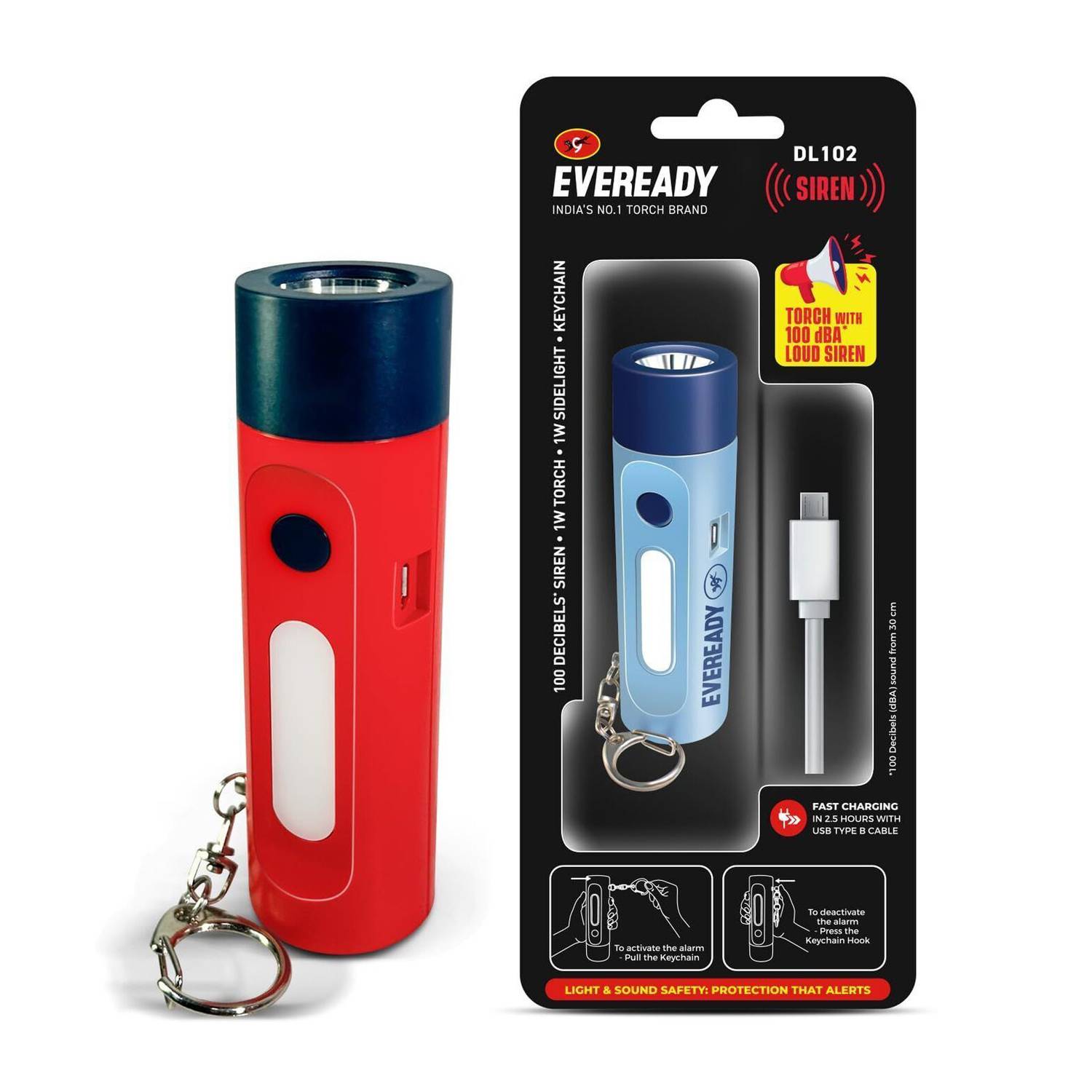 EVEREADY Siren DL 102 Flashlight with 100 dB Alarm 1W & 1W Sidelight USB Type-B Charger Torch