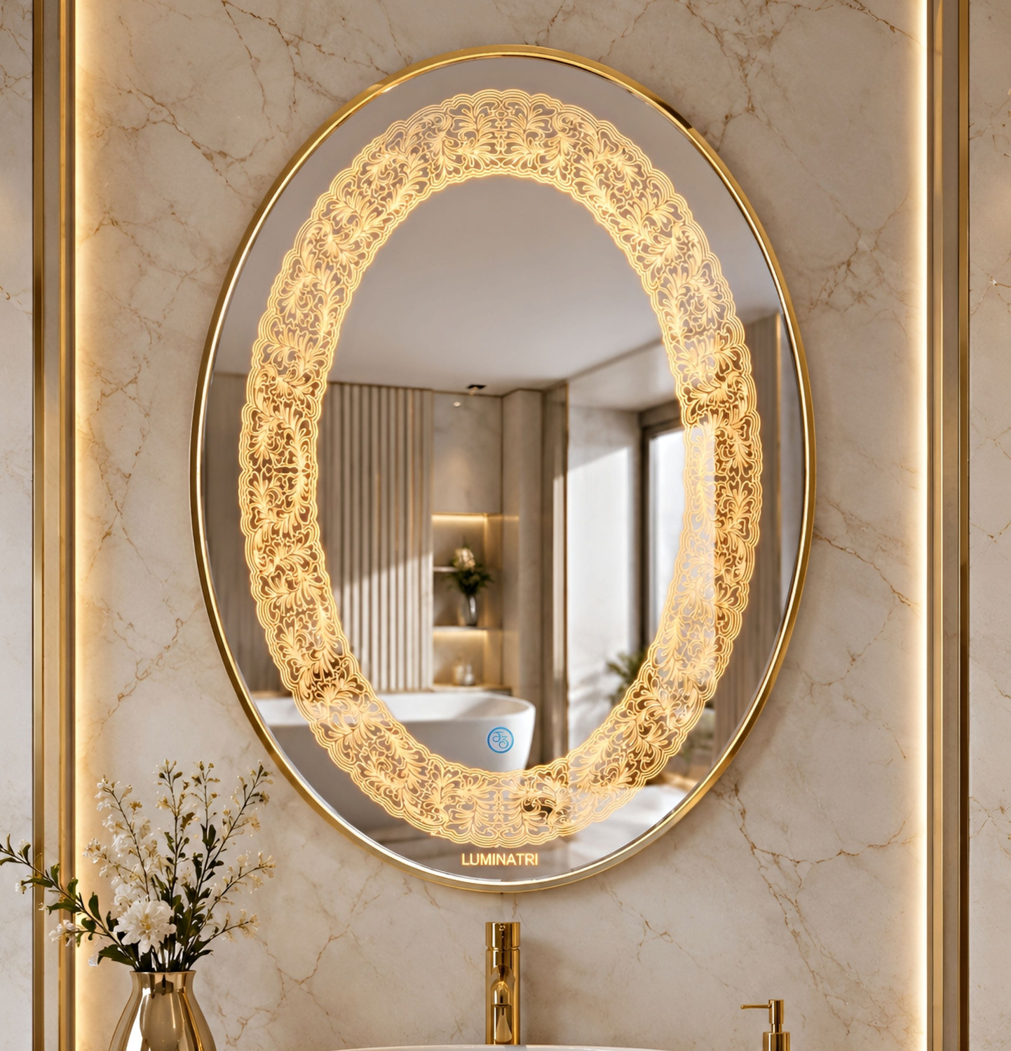 Image of luminatri 18x24 Inch Oval LED Wall Mirror Glass with Touch Sensor Lights Decorative Mirror Bathroom Mirror