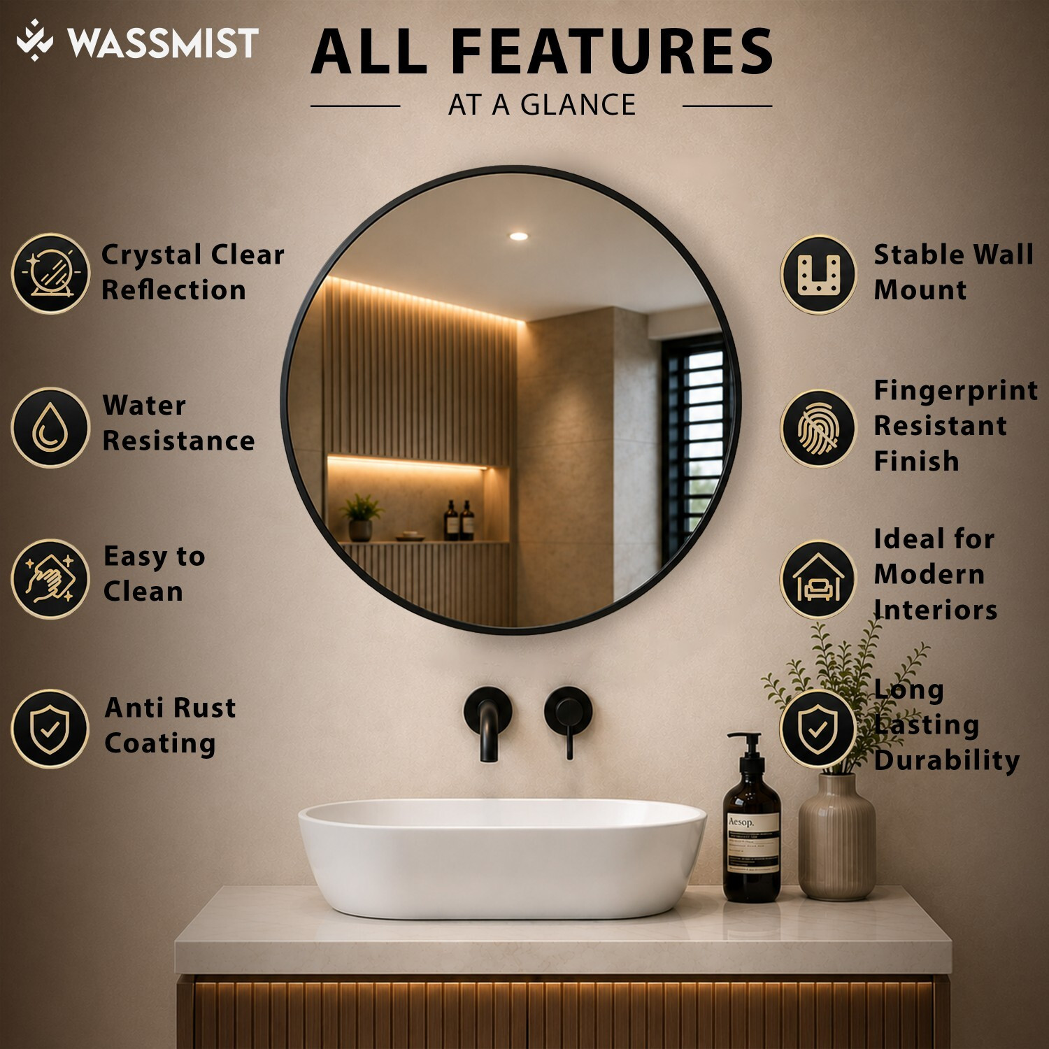 Image of WASSMIST wsmst-mirror-round-20-F Bathroom Mirror (Round Finish : Glossy)
