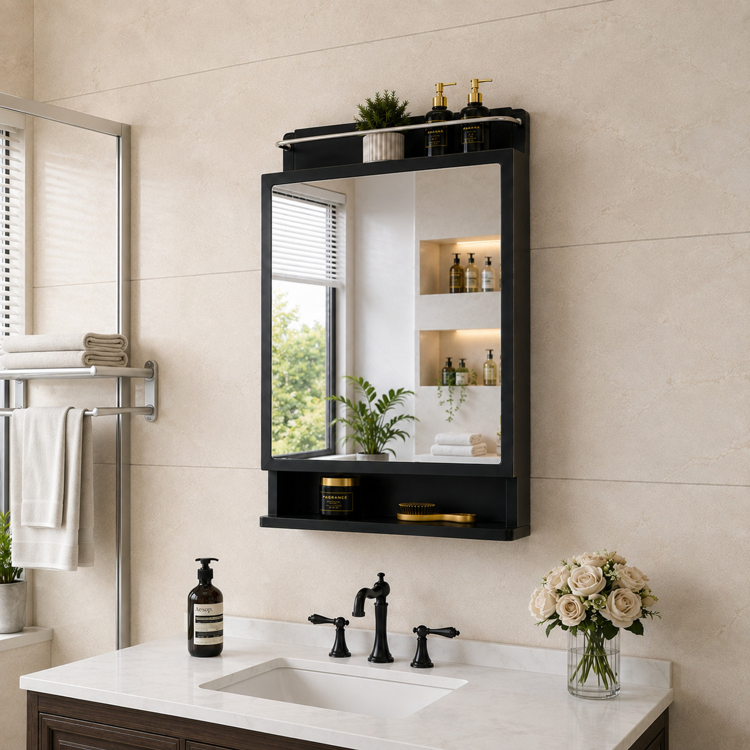 Image of KRELIX Plastic Premium Multipurpose Wall Mounted Storage Cabinet with Mirror Plastic Wall Shelf