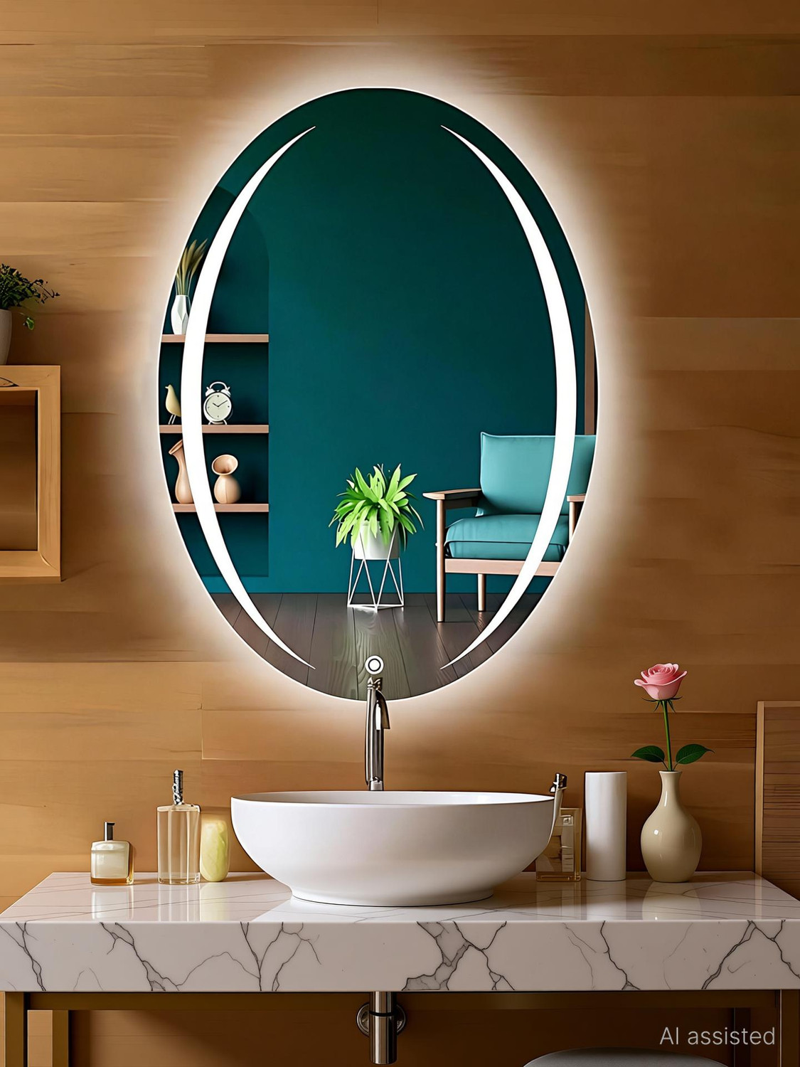 Image of SANIF Oval Shape LED Mirror For Bathroom||Size 18x24||Decorative Mirror with Lights Lighted Mirror
