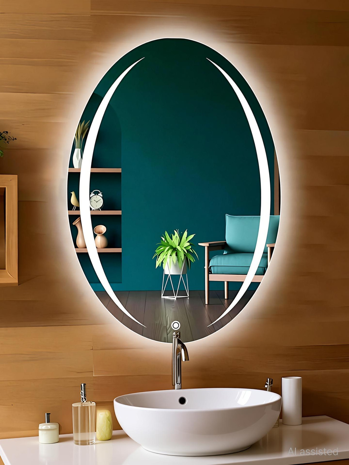 Image of SANIF Oval Shape LED Mirror For Bathroom||Size 18x24||Decorative Mirror with Lights Lighted Mirror