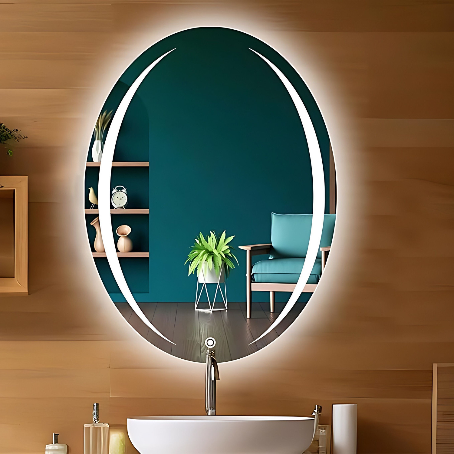 Image of SANIF Oval Shape LED Mirror For Bathroom||Size 18x24||Decorative Mirror with Lights Lighted Mirror