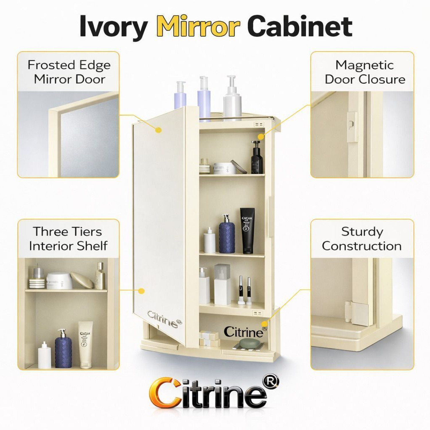 Image of Citrine trong and Heavy Rich Look Storage Cabinet Bathroom Mirror