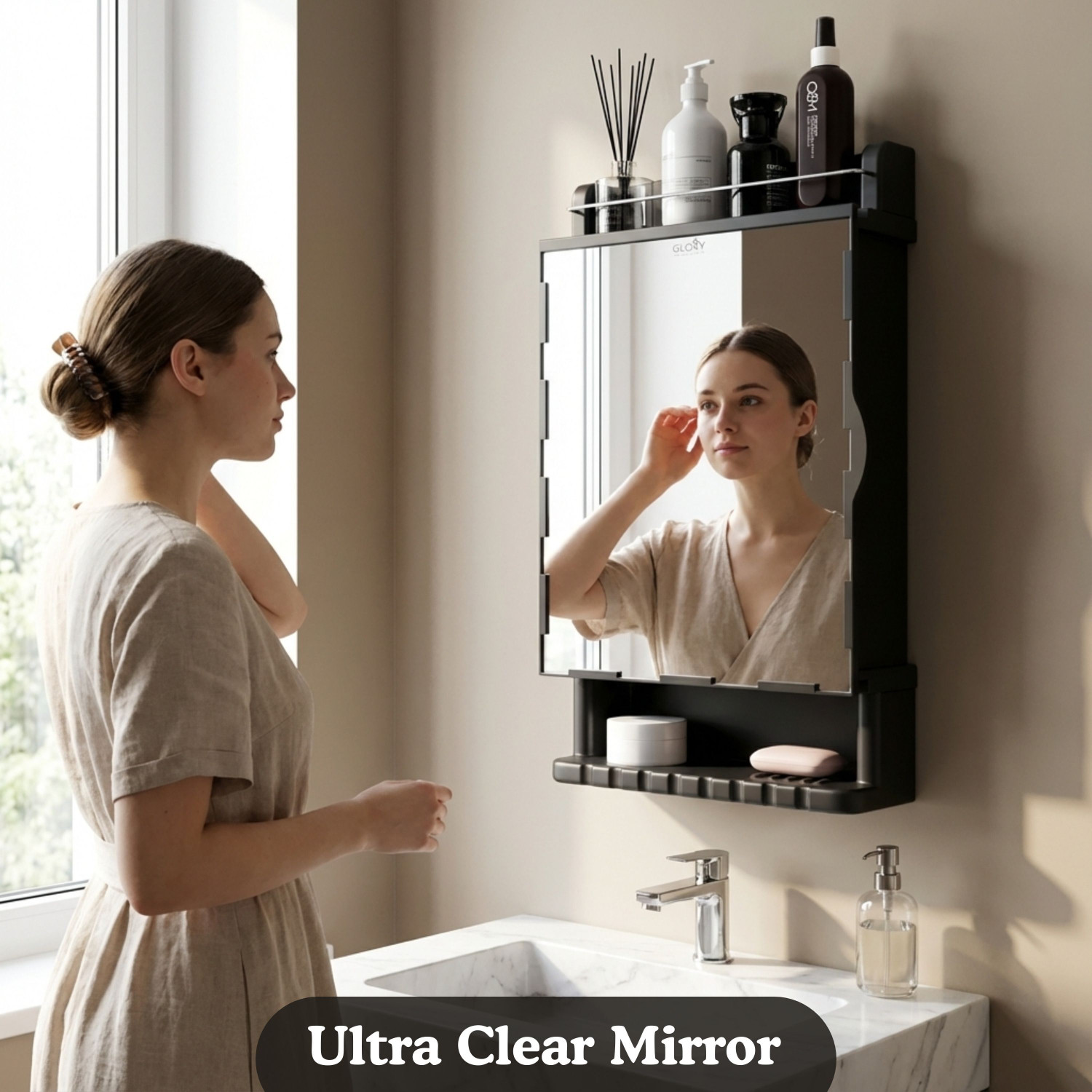 Image of GLOXY Bathroom Cabinet with Mirror Storage Space Strong Plastic Wall Shelf Organizer Acrylic Wall Shelf