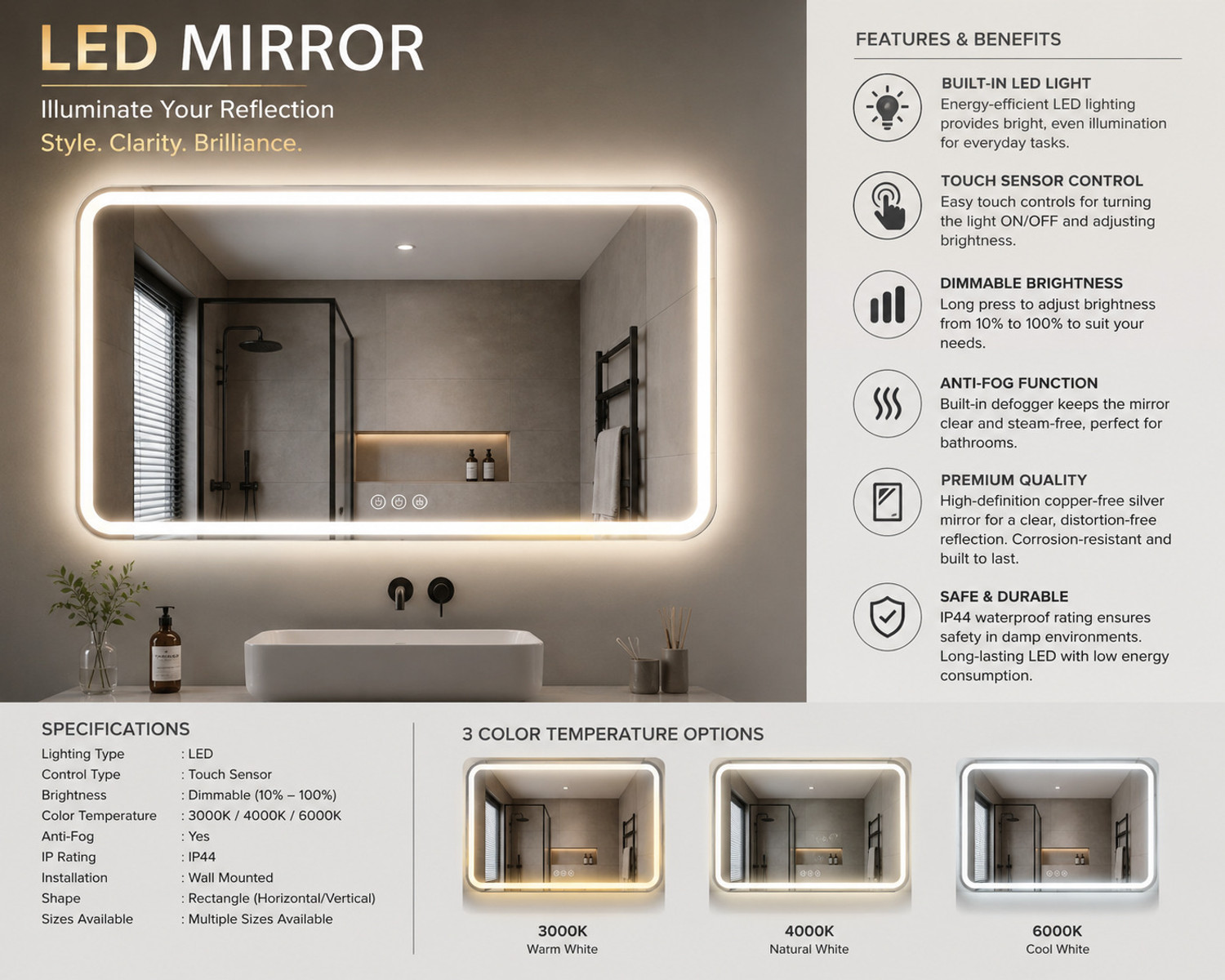Image of PKG Stylish LED Mirror 21 Bathroom Mirror