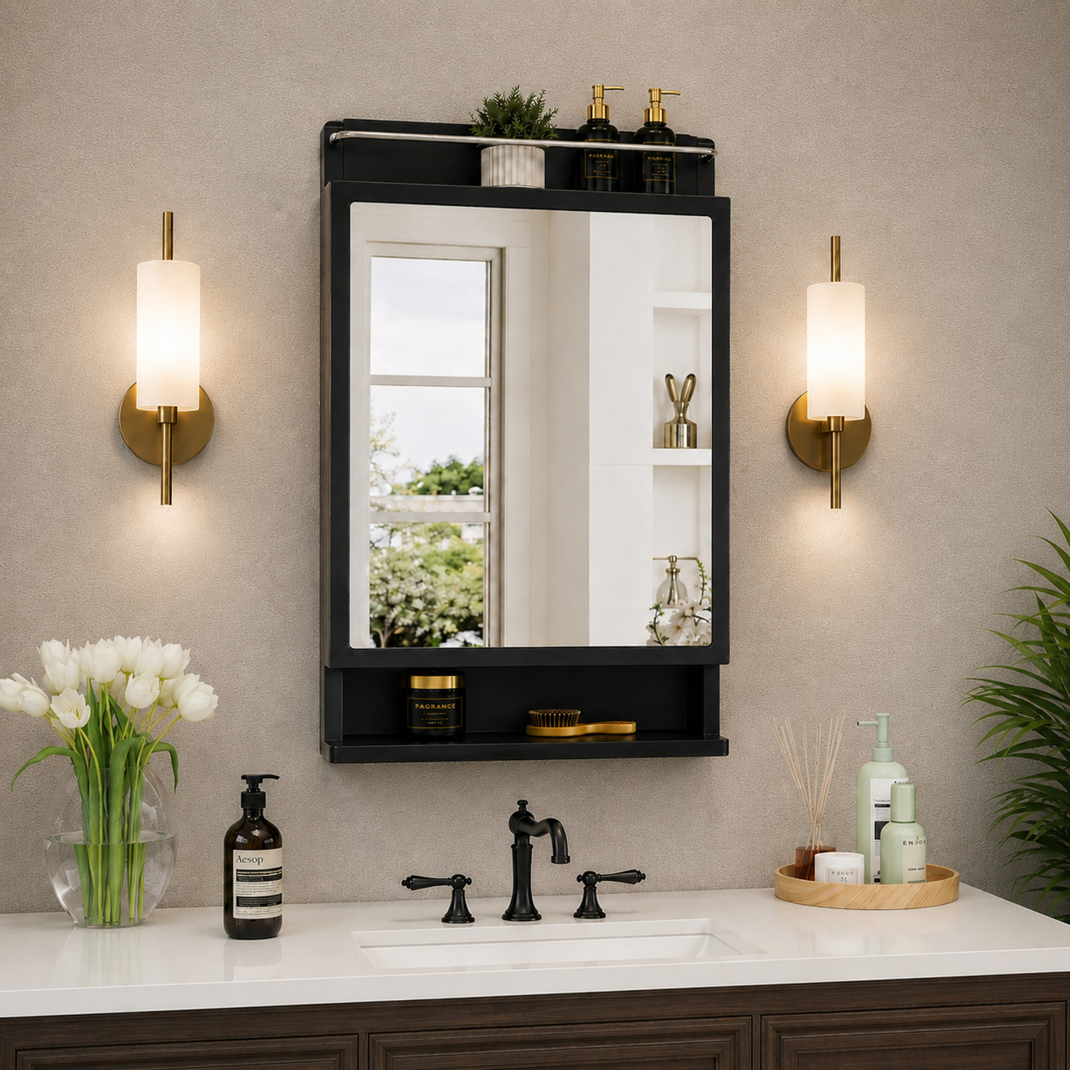 Image of KRELIX Plastic Premium Multipurpose Wall Mounted Storage Cabinet with Mirror Plastic Wall Shelf
