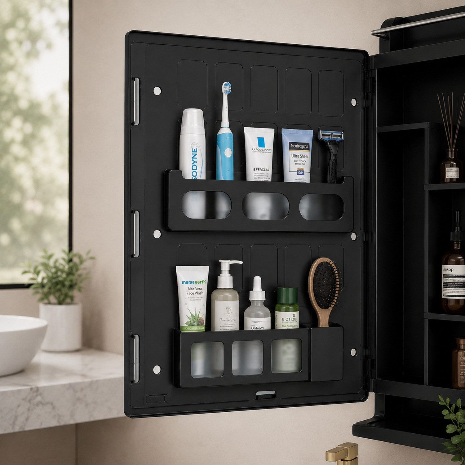 Image of KRELIX Plastic Premium Multipurpose Wall Mounted Storage Cabinet with Mirror Plastic Wall Shelf