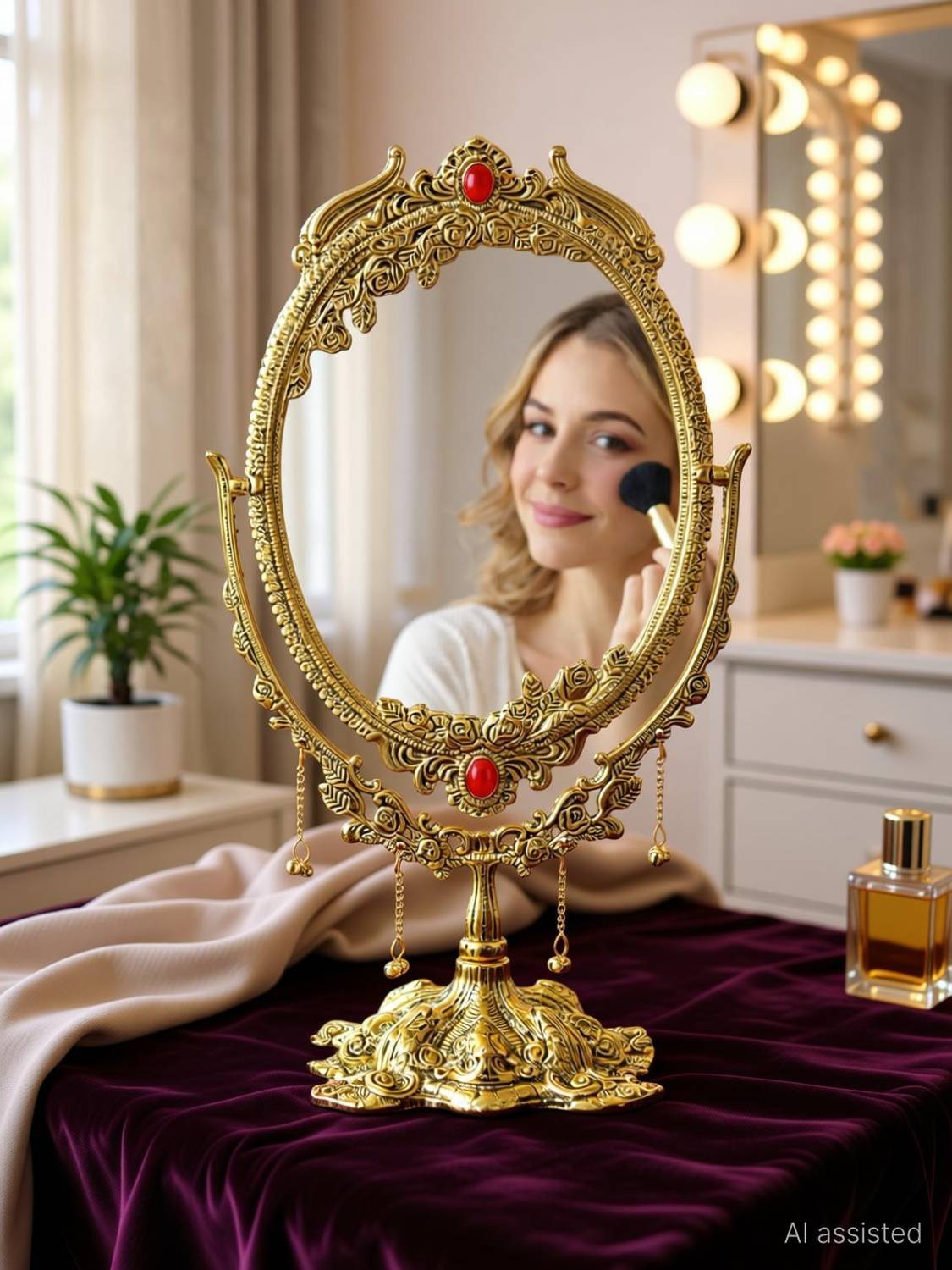 LABHCART Vintage Vanity Mirror with Stand Oval Double Side Makeup Mirror  Gold Metal Frame Decorative Mirror Price in India - Buy LABHCART Vintage Vanity  Mirror with Stand Oval Double Side Makeup Mirror