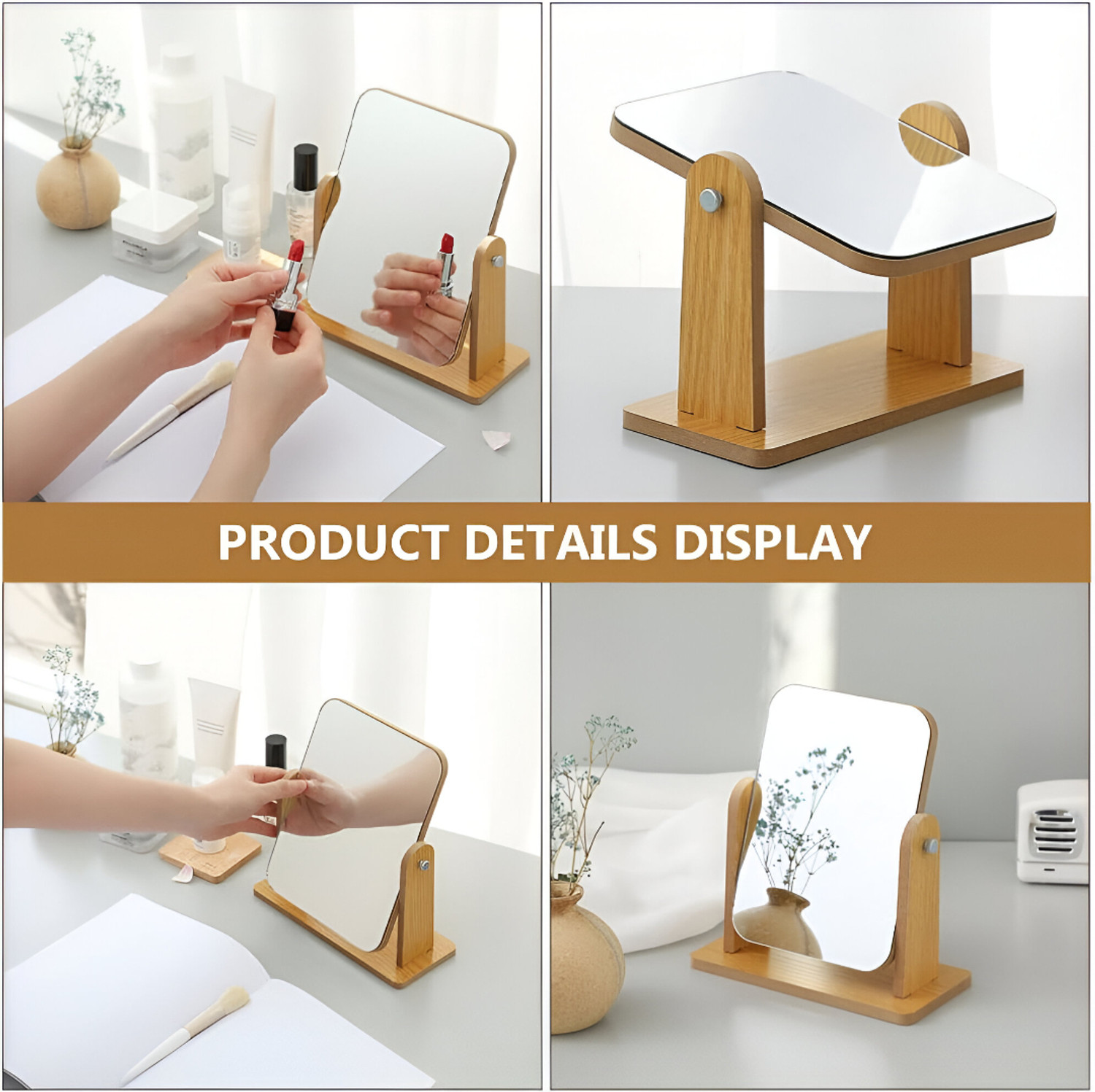 Image of Glitzn Wooden Tabletop Makeup Mirror - 360 Rotating Adjustable Vanity Desk Mirror