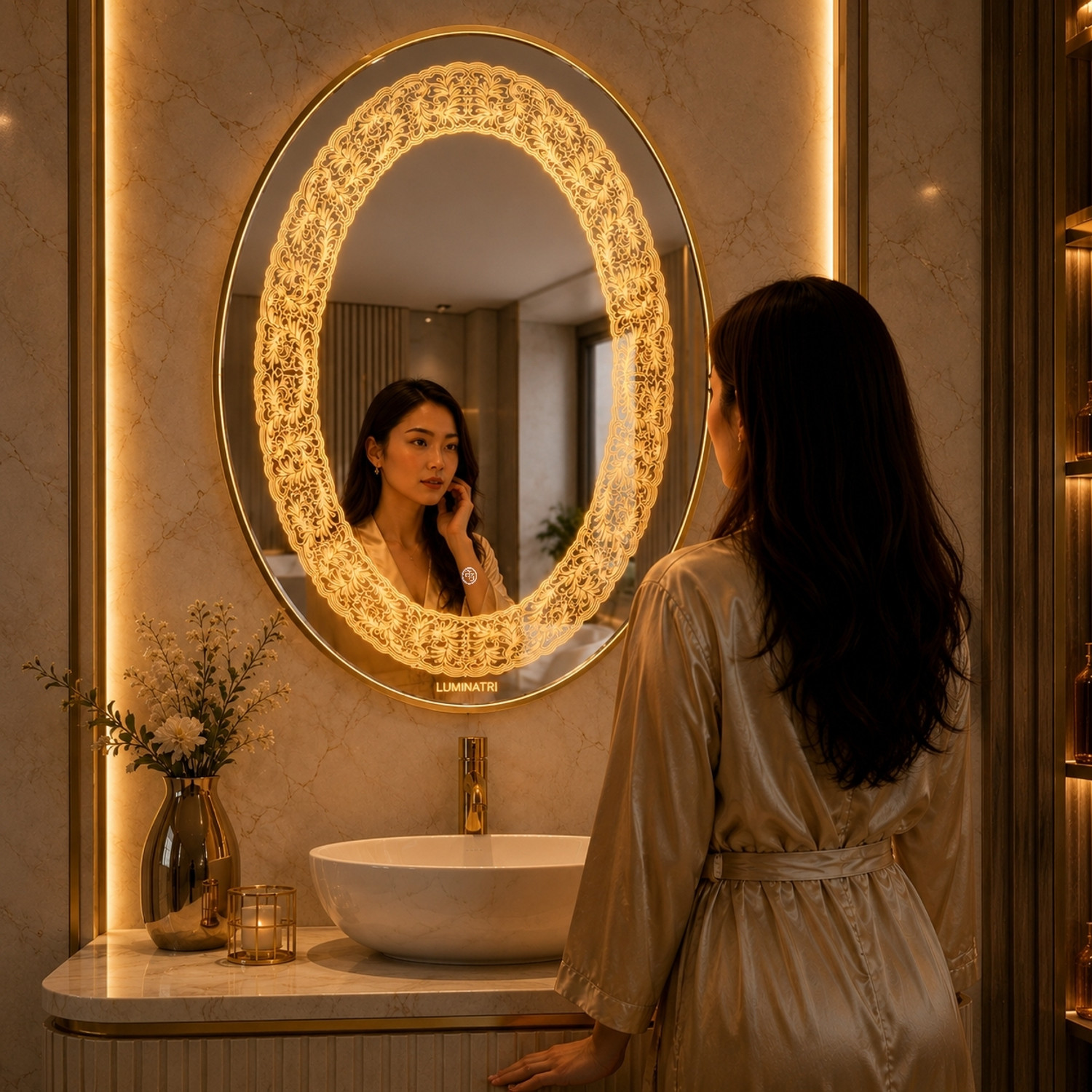 Image of luminatri 18x24 Inch Oval LED Wall Mirror Glass with Touch Sensor Lights Decorative Mirror Bathroom Mirror